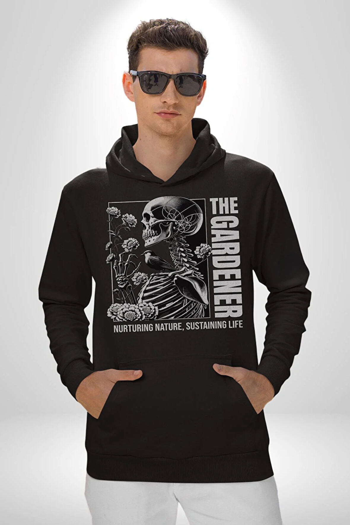 İskelet Aşkı Kuş Kırk Kalp Ve Kuru Çiçekler Erkek Kadın Siyah Dijital Baskılı Kapüşonlu Sweatshirt Hoodie