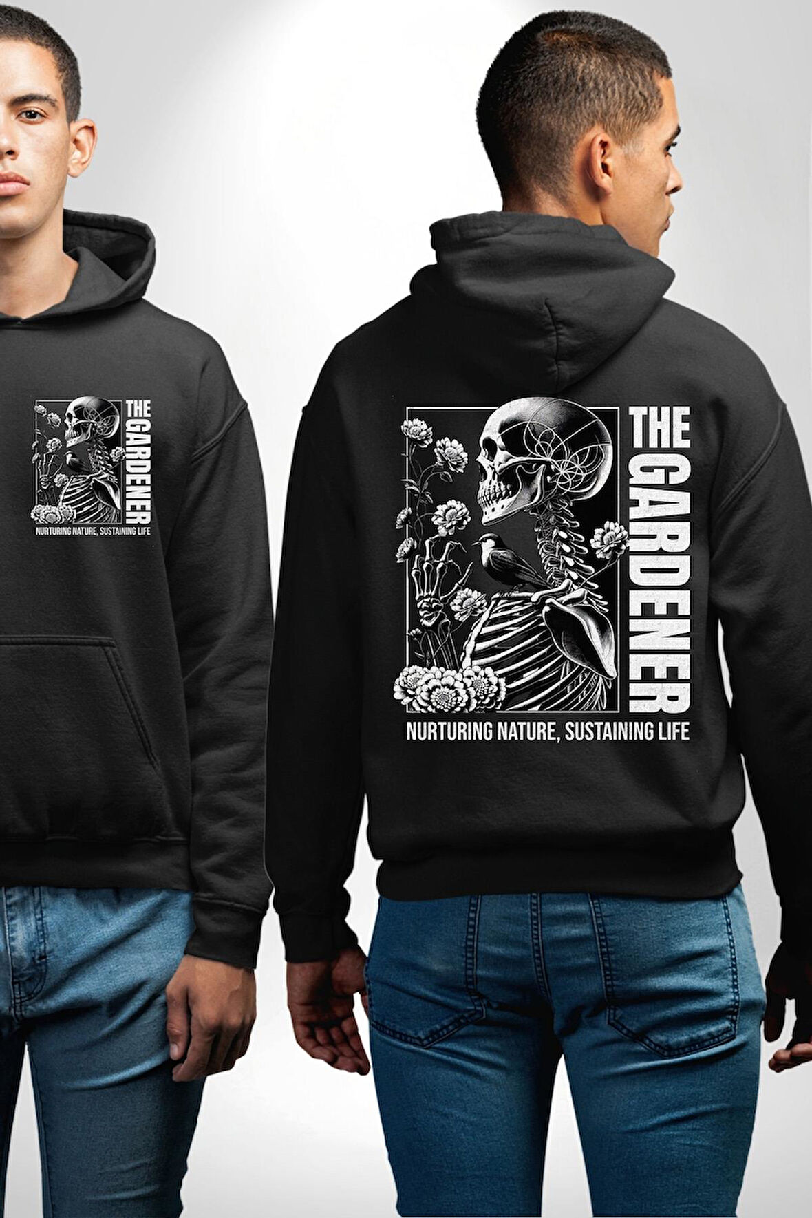 İskelet Aşkı Kuş Kırk Kalp Ve Kuru Çiçekler Erkek Kadın Siyah Ön Sırt Baskılı Kapüşonlu Sweatshirt Hoodie