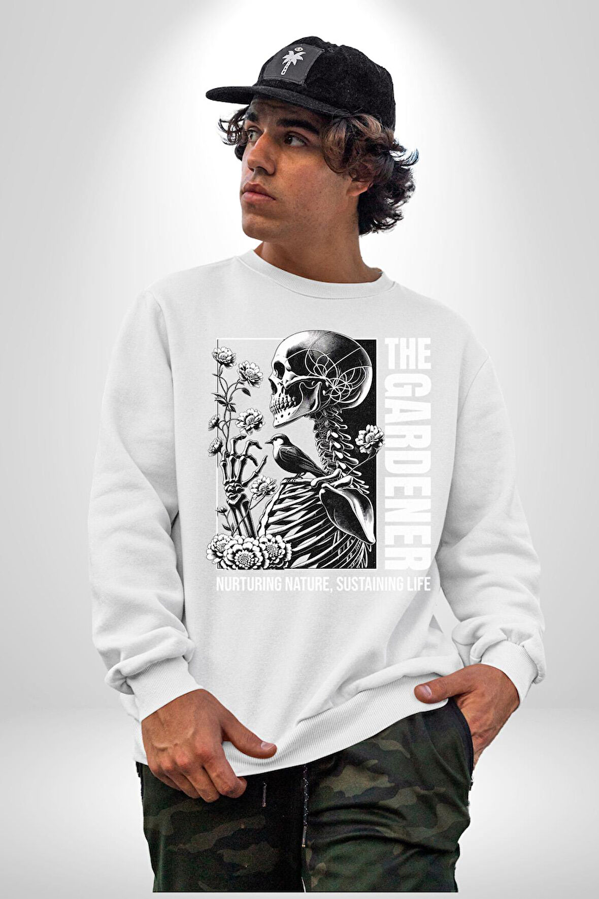 İskelet Aşkı Kuş Kırk Kalp Ve Kuru Çiçekler Erkek Kadın Unisex Dijital Baskılı Beyaz Sweatshirt
