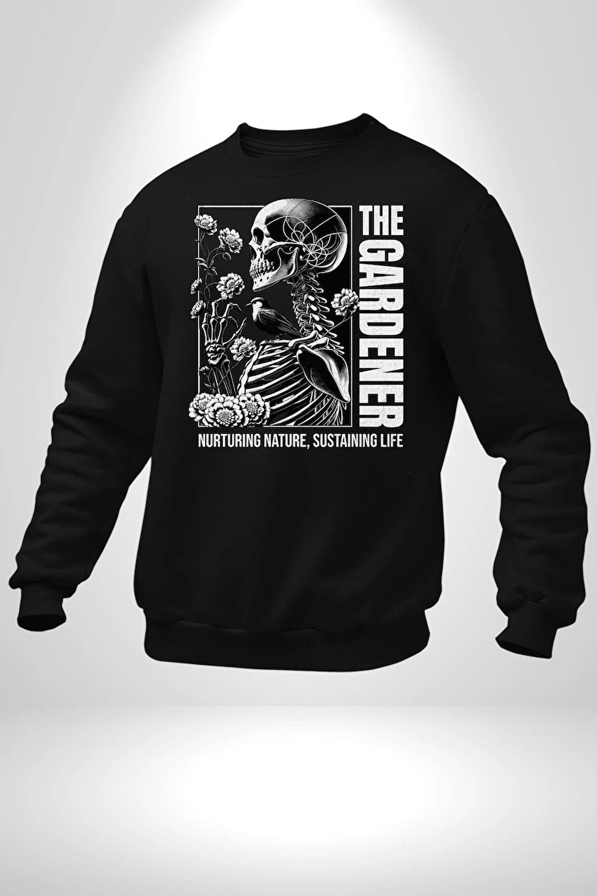 İskelet Aşkı Kuş Kırk Kalp Ve Kuru Çiçekler Erkek Kadın Unisex Dijital Baskılı Siyah Sweatshirt