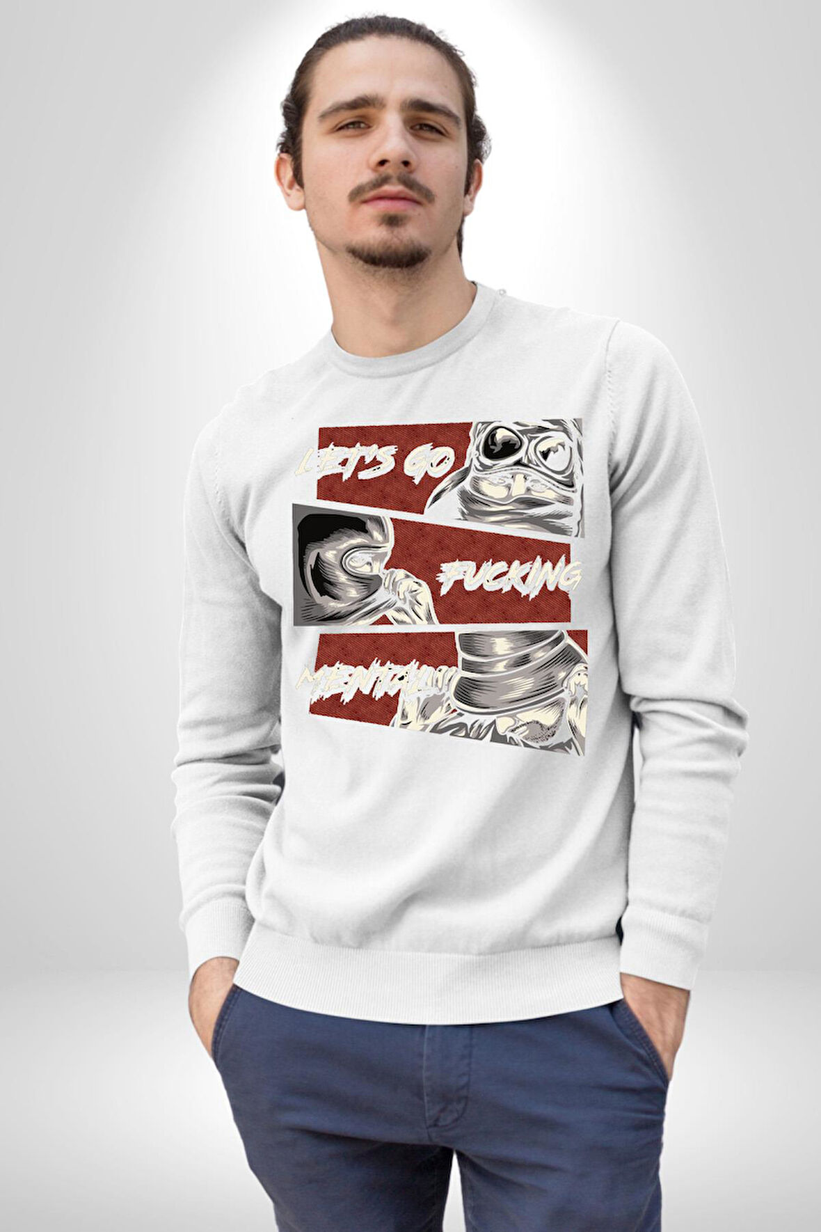Sokak Style Hadi Kavgaya Gidelim Erkek Kadın Unisex Dijital Baskılı Beyaz Sweatshirt