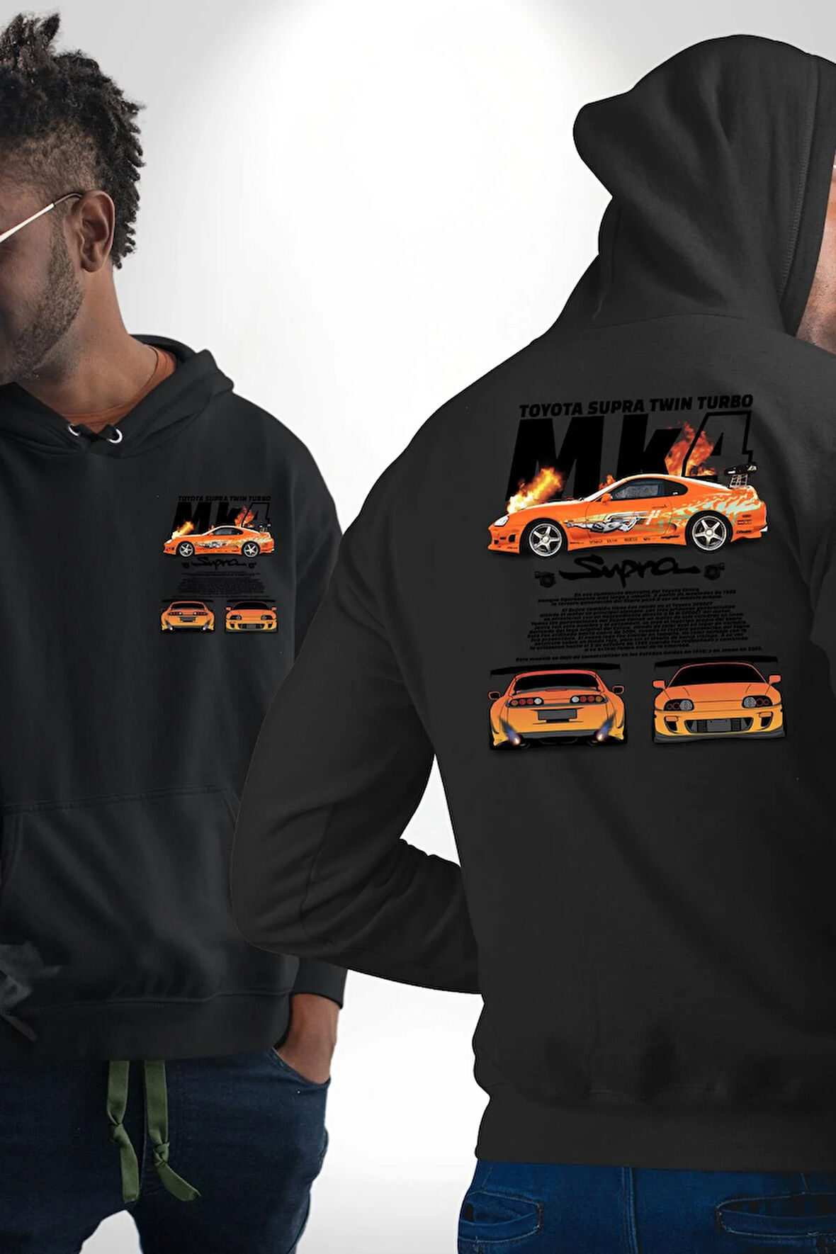 Toyota Supra Turbo Mk4 Supra Hızlı Ve Öfkeli Erkek Kadın Siyah Ön Sırt Baskılı Kapüşonlu Sweatshirt Hoodie