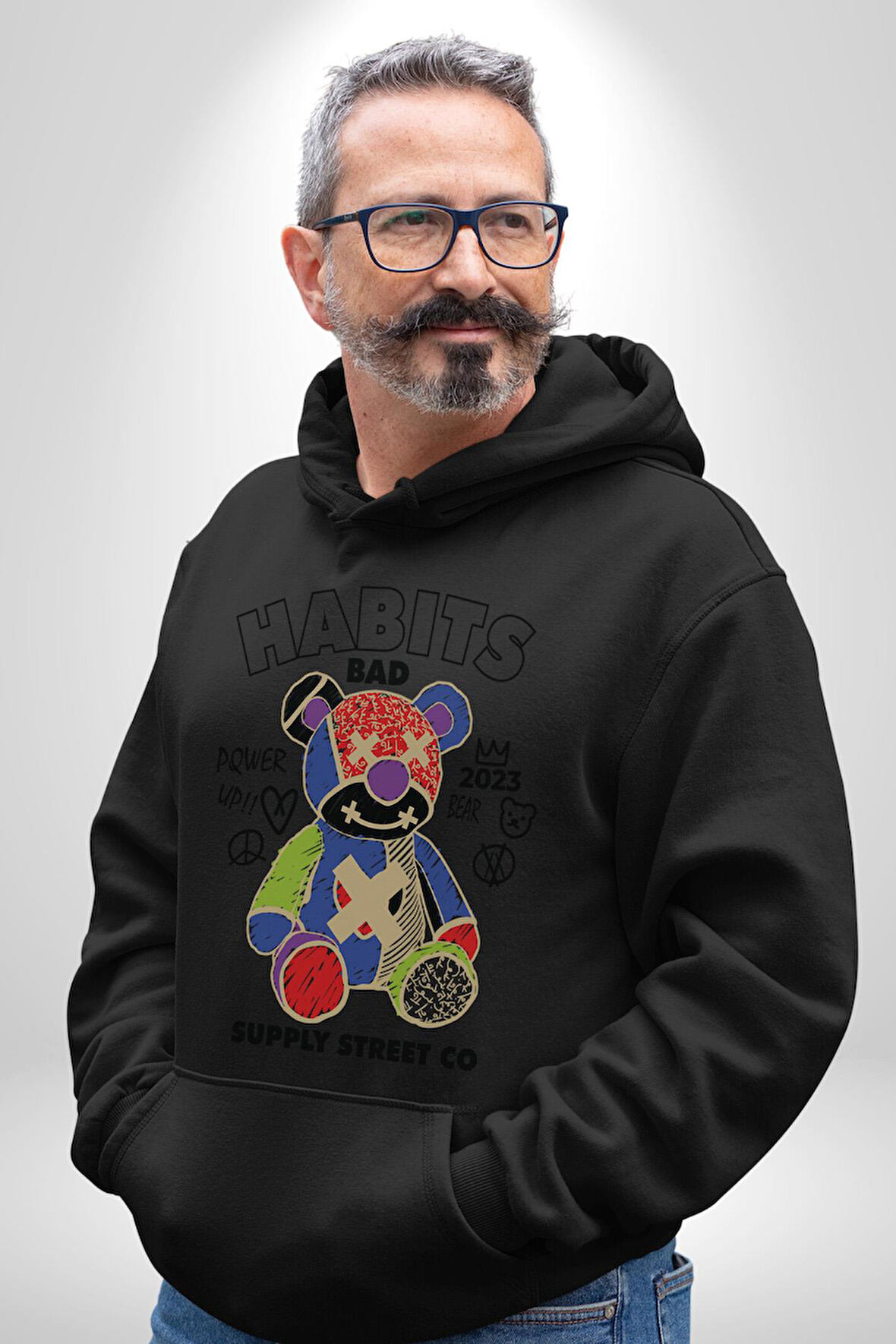 Teddy Sokak Giyimi Ayı Kötü Tavşan Erkek Kadın Siyah Dijital Baskılı Kapüşonlu Sweatshirt Hoodie