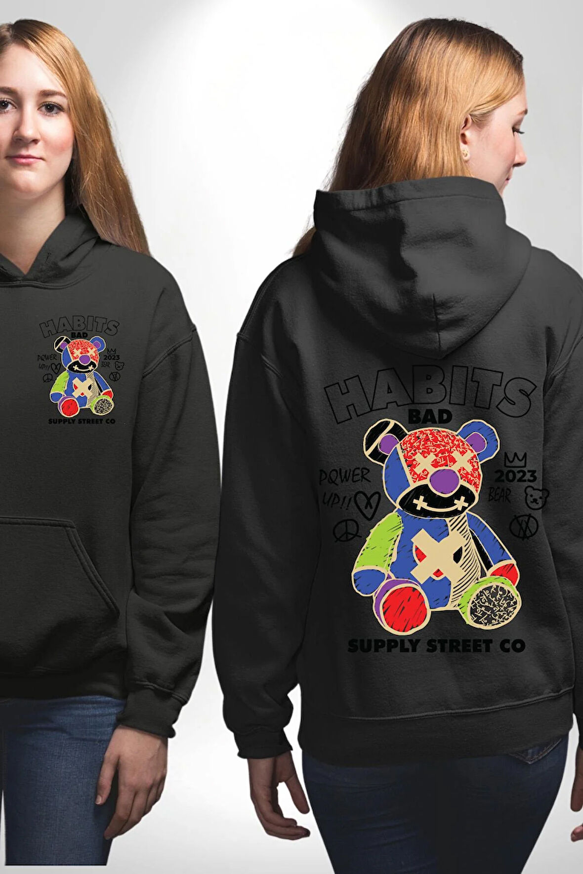 Teddy Sokak Giyimi Ayı Kötü Tavşan Erkek Kadın Siyah Ön Sırt Baskılı Kapüşonlu Sweatshirt Hoodie