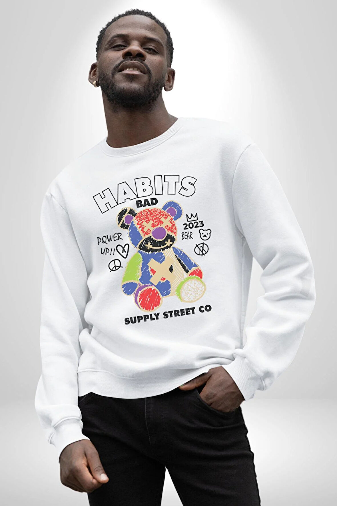 Teddy Sokak Giyimi Ayı Kötü Tavşan Erkek Kadın Unisex Dijital Baskılı Beyaz Sweatshirt