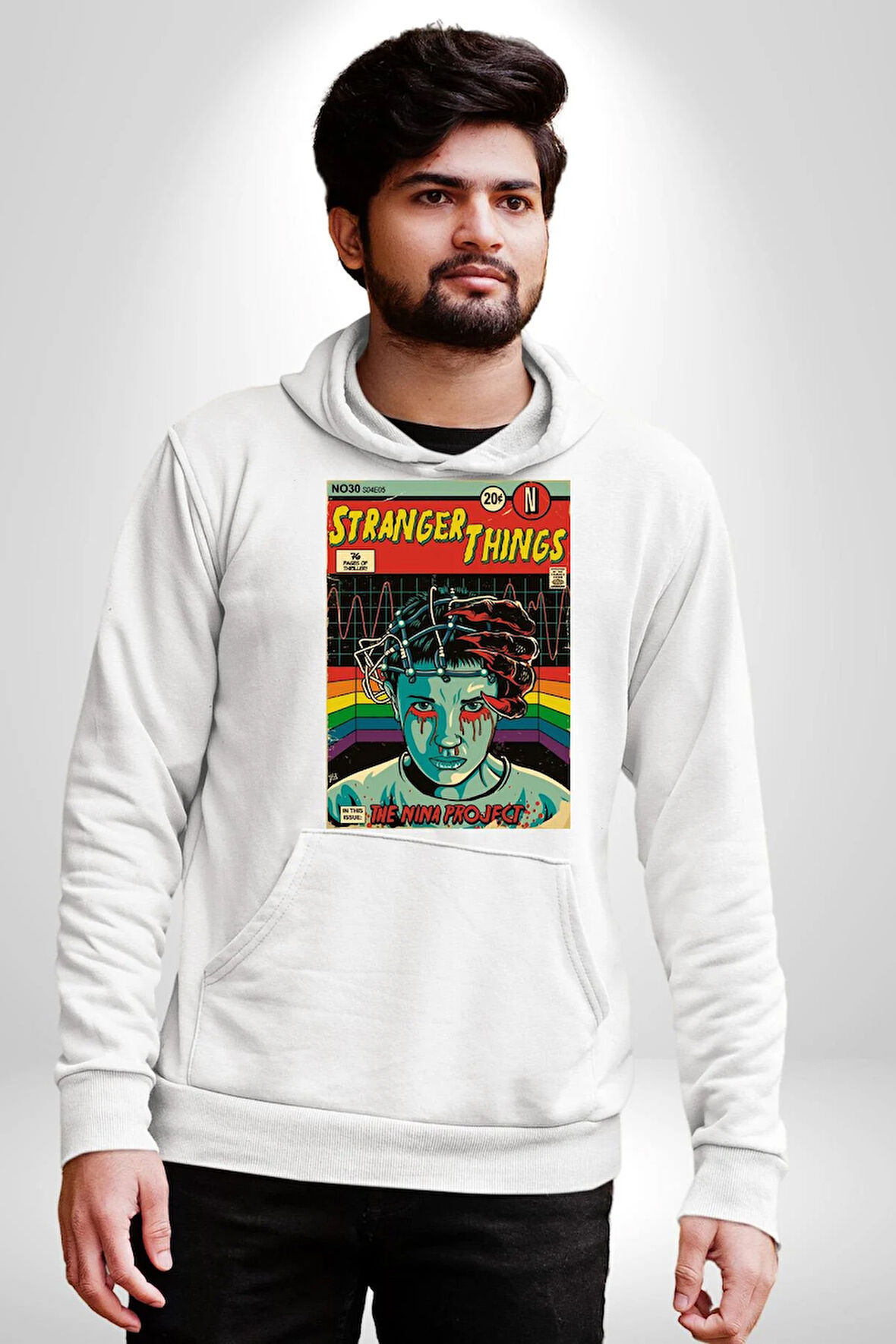 Stranger Things: Season IV "The Nina Project" Erkek Kadın Beyaz Dijital Baskılı Kapüşonlu Sweatshirt Hoodie