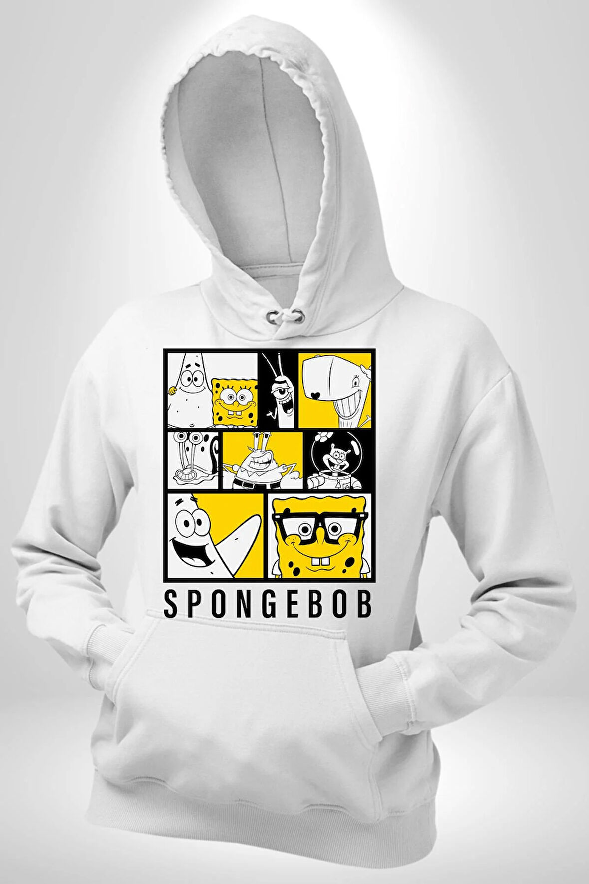 SpongeBob SquarePants Siyah Sarı Karakterler Erkek Kadın Beyaz Dijital Baskılı Kapüşonlu Sweatshirt Hoodie