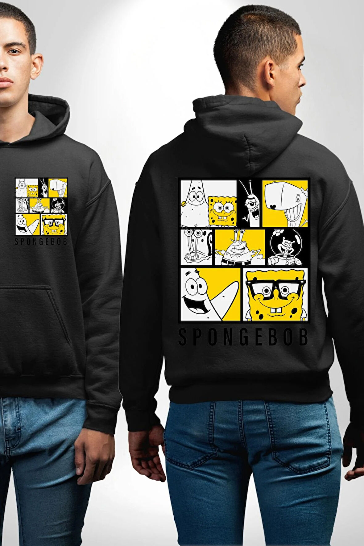 SpongeBob SquarePants Siyah Sarı Karakterler Erkek Kadın Siyah Ön Sırt Baskılı Kapüşonlu Sweatshirt Hoodie