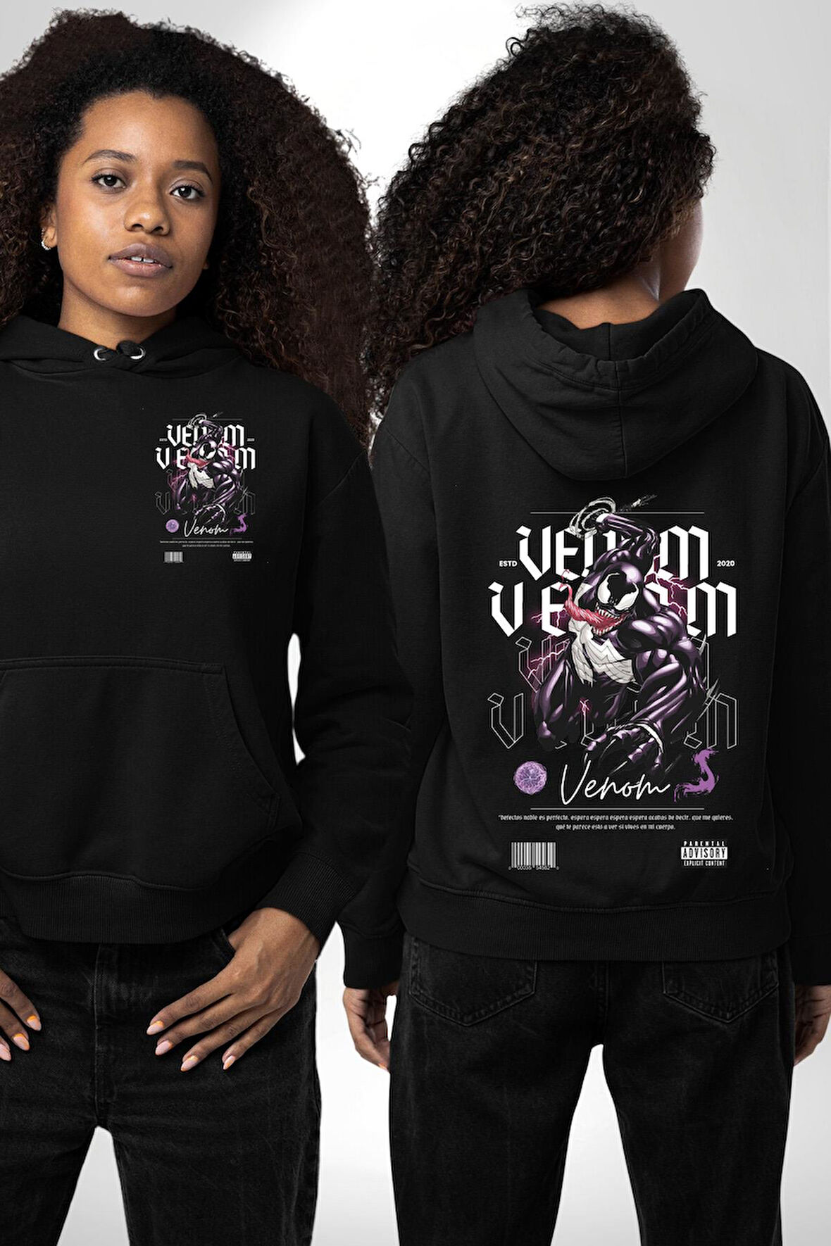 Venom Spider-Man Marvel Kahramanı Erkek Kadın Siyah Ön Sırt Baskılı Kapüşonlu Sweatshirt Hoodie