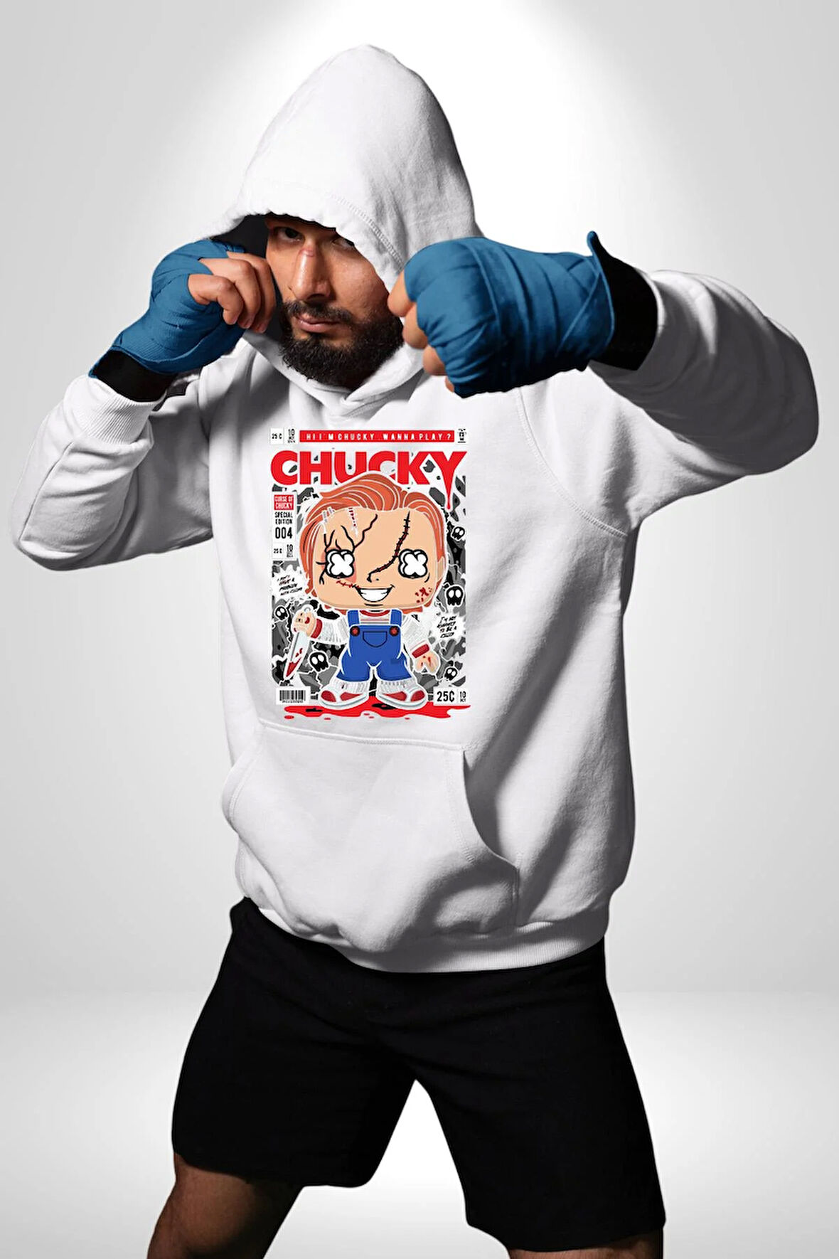 Chucky Korku Karakteri Pop Art Tasarım Erkek Kadın Beyaz Dijital Baskılı Kapüşonlu Sweatshirt Hoodie