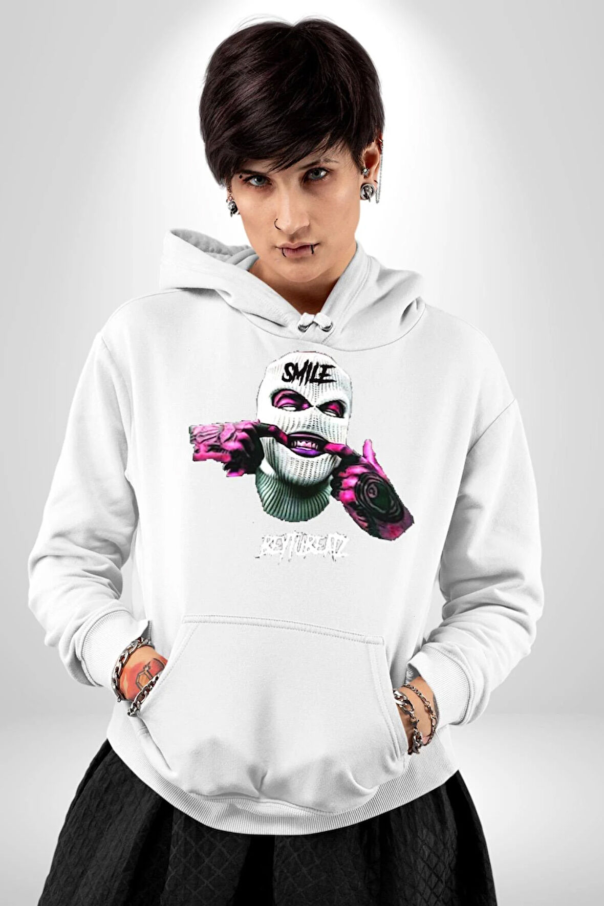 Bonanza Gülen Surat Gangster Erkek Kadın Beyaz Dijital Baskılı Kapüşonlu Sweatshirt Hoodie