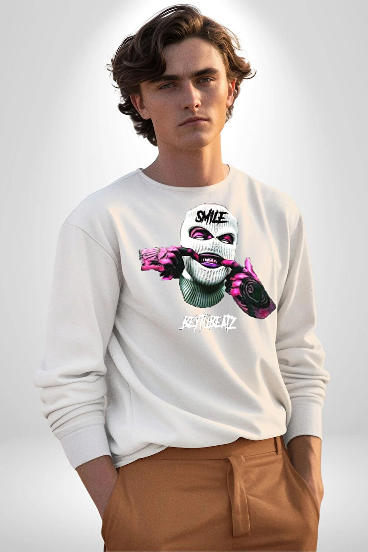 Bonanza Gülen Surat Gangster Erkek Kadın Unisex Dijital Baskılı Beyaz Sweatshirt