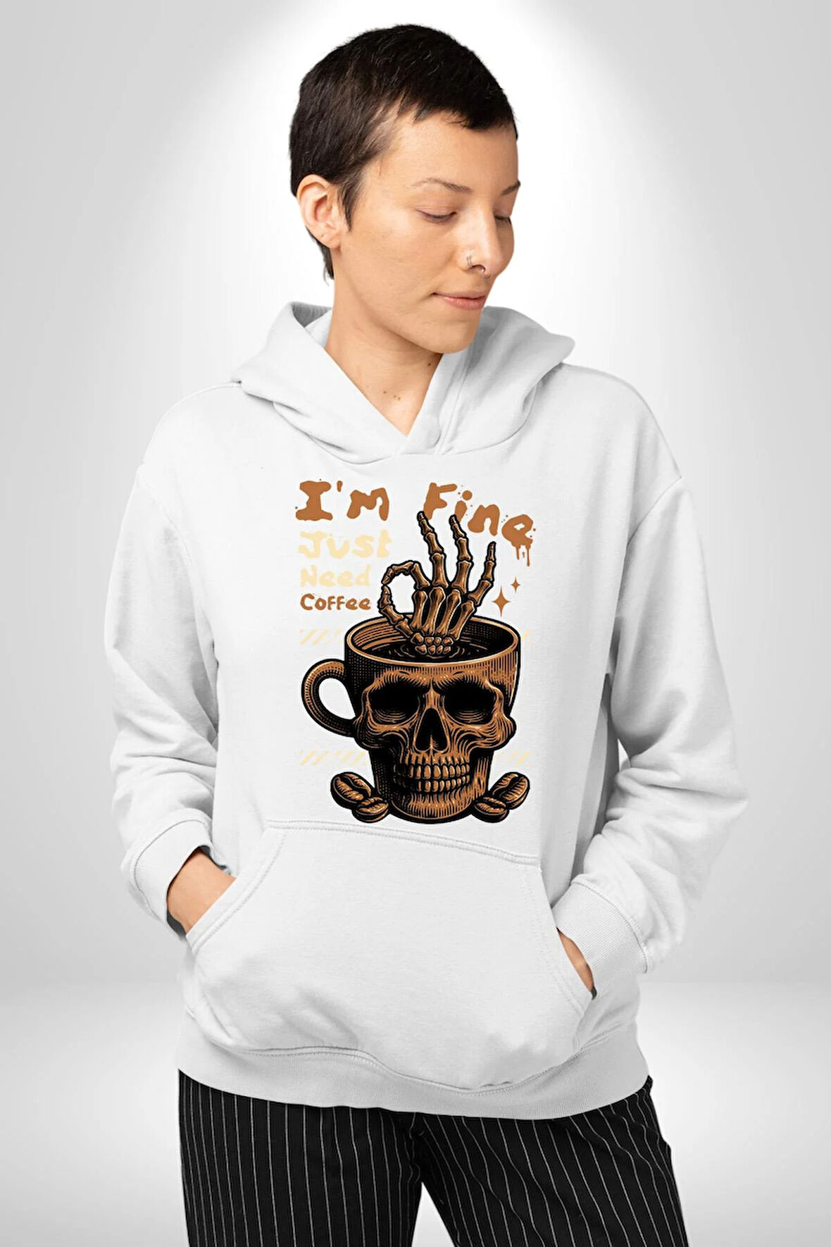 İskelet Kupa Sadece İyi Kahveye İhtiyacım Var Erkek Kadın Beyaz Dijital Baskılı Kapüşonlu Sweatshirt Hoodie