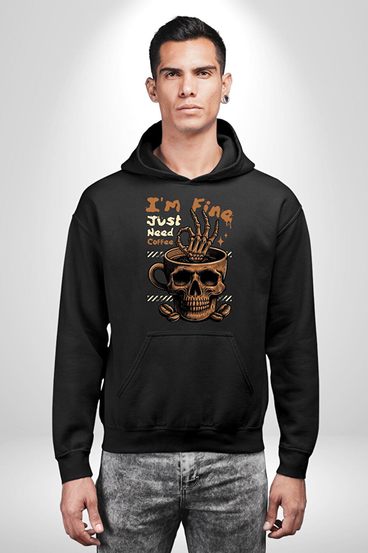 İskelet Kupa Sadece İyi Kahveye İhtiyacım Var Erkek Kadın Siyah Dijital Baskılı Kapüşonlu Sweatshirt Hoodie