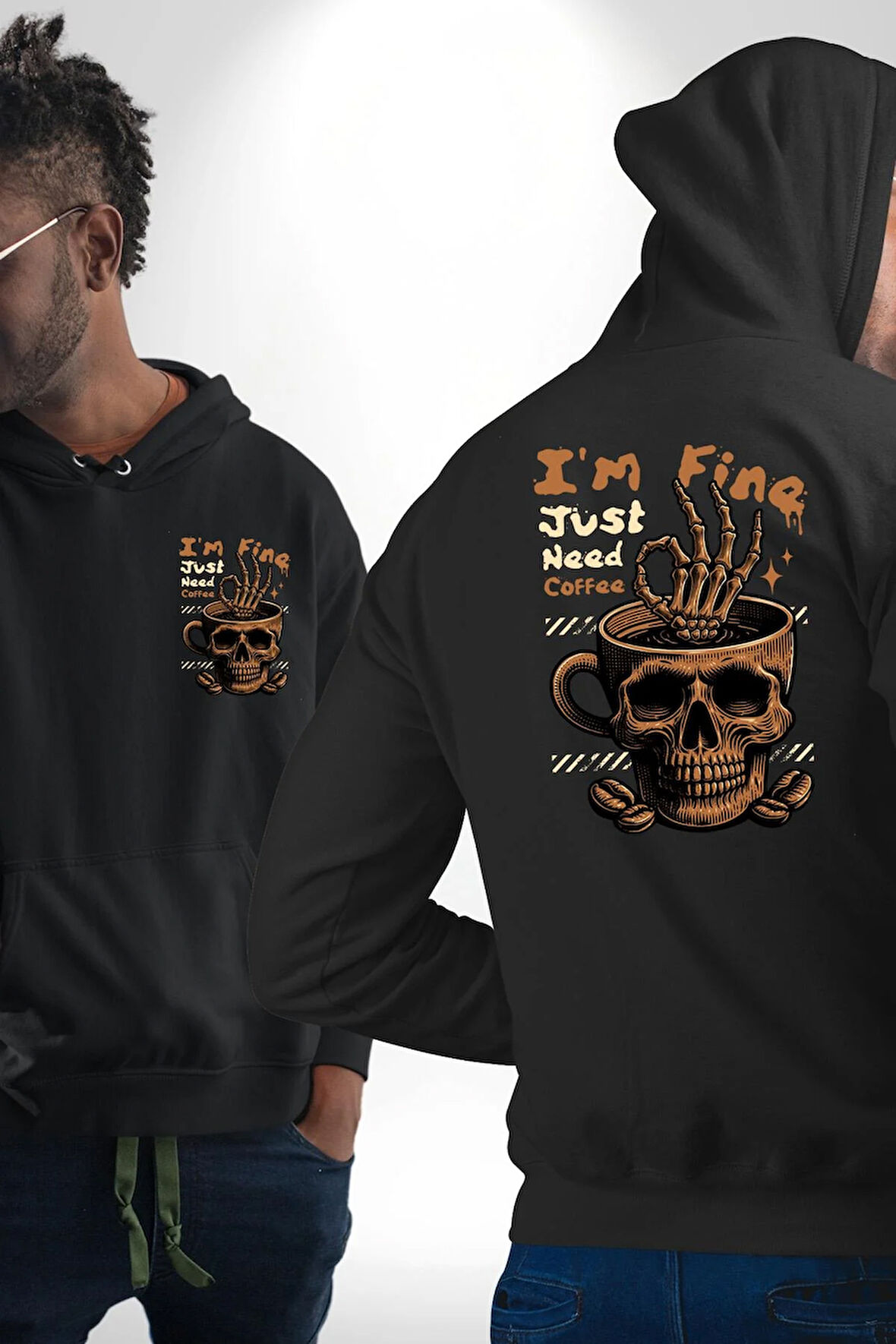 İskelet Kupa Sadece İyi Kahveye İhtiyacım Var Erkek Kadın Siyah Ön Sırt Baskılı Kapüşonlu Sweatshirt Hoodie