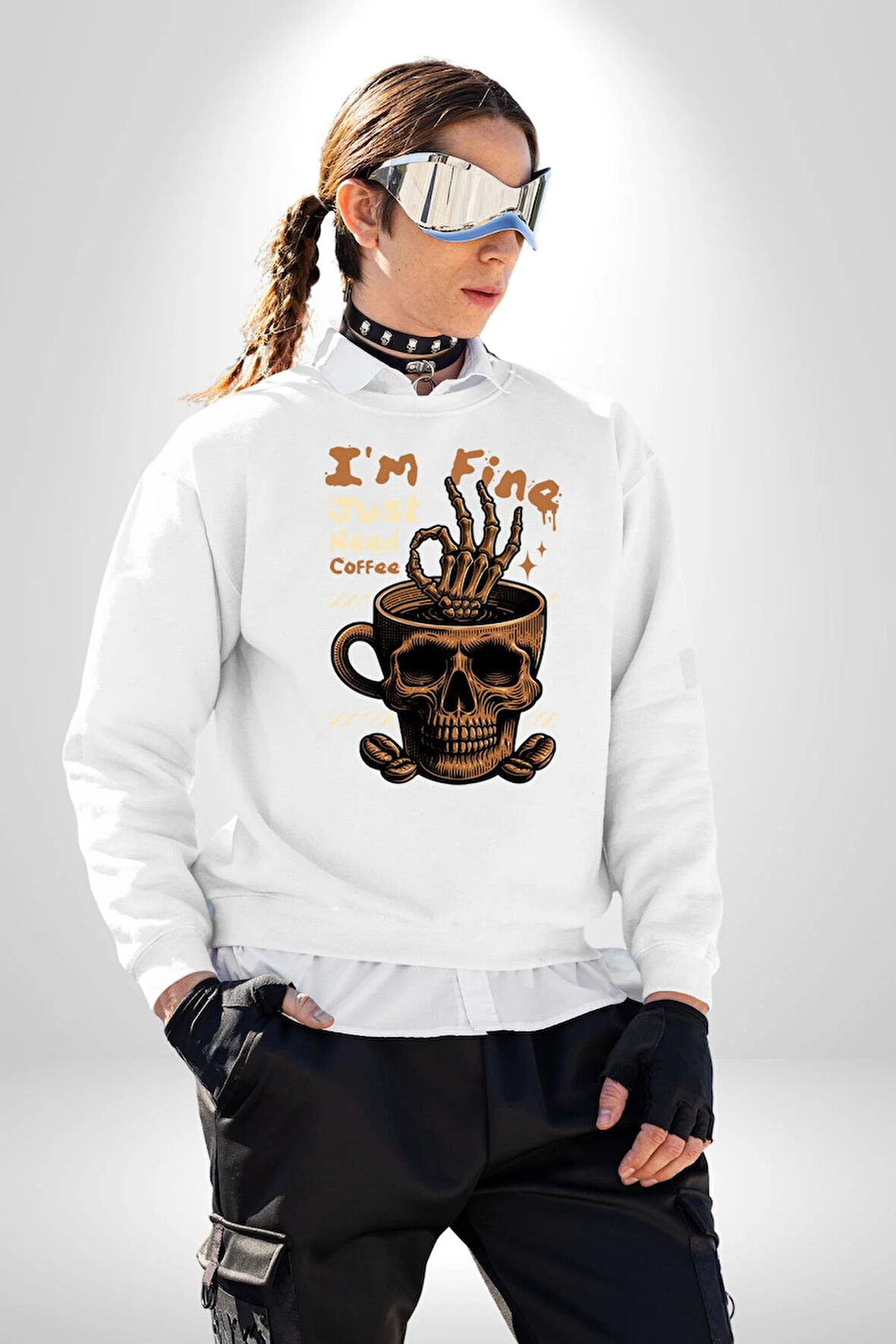İskelet Kupa Sadece İyi Kahveye İhtiyacım Var Erkek Kadın Unisex Dijital Baskılı Beyaz Sweatshirt