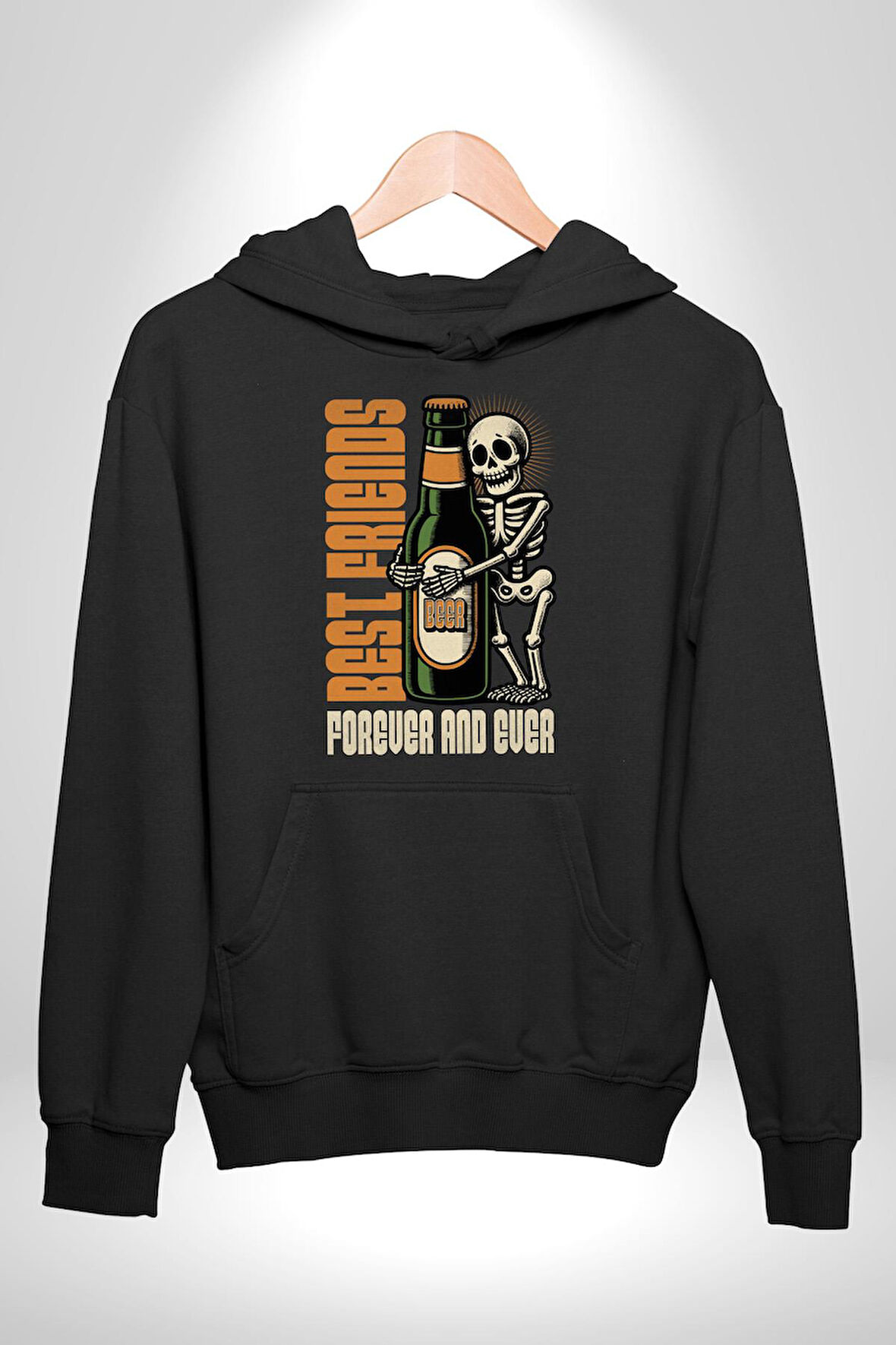 Sonsuza Kadar En İyi Arkadaşım Beer İskelet Erkek Kadın Siyah Dijital Baskılı Kapüşonlu Sweatshirt Hoodie