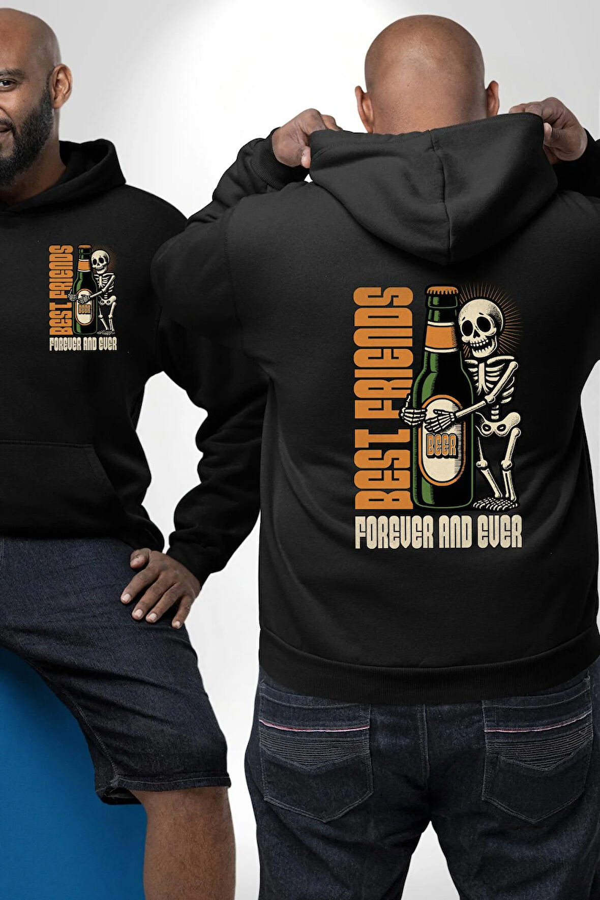 Sonsuza Kadar En İyi Arkadaşım Beer İskelet Erkek Kadın Siyah Ön Sırt Baskılı Kapüşonlu Sweatshirt Hoodie
