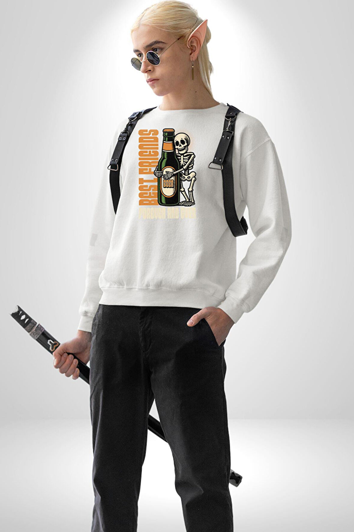 Sonsuza Kadar En İyi Arkadaşım Beer İskelet Erkek Kadın Unisex Dijital Baskılı Beyaz Sweatshirt