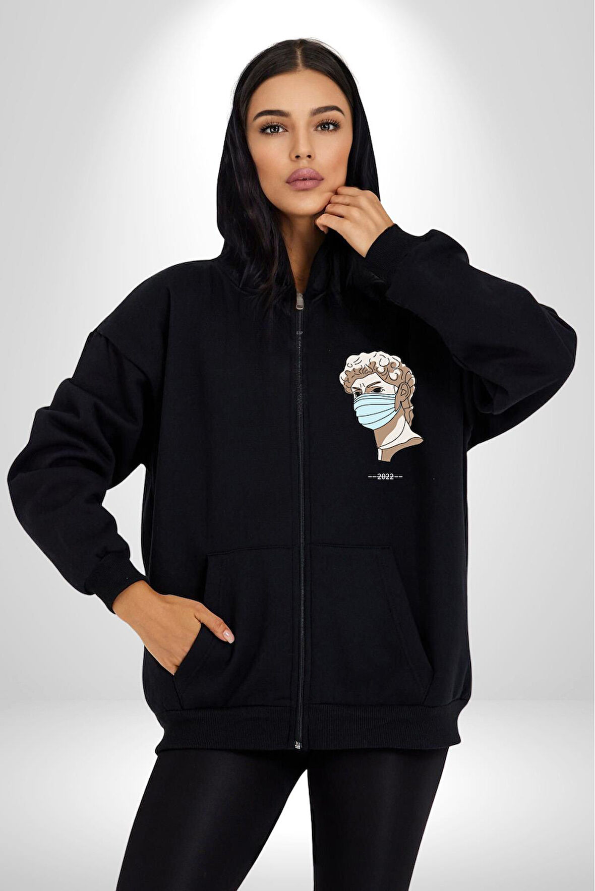 Medical  Maske ve Sanat Uyumu Erkek Kadın Siyah Fermuarlı Baskılı Hırka Sweatshirt