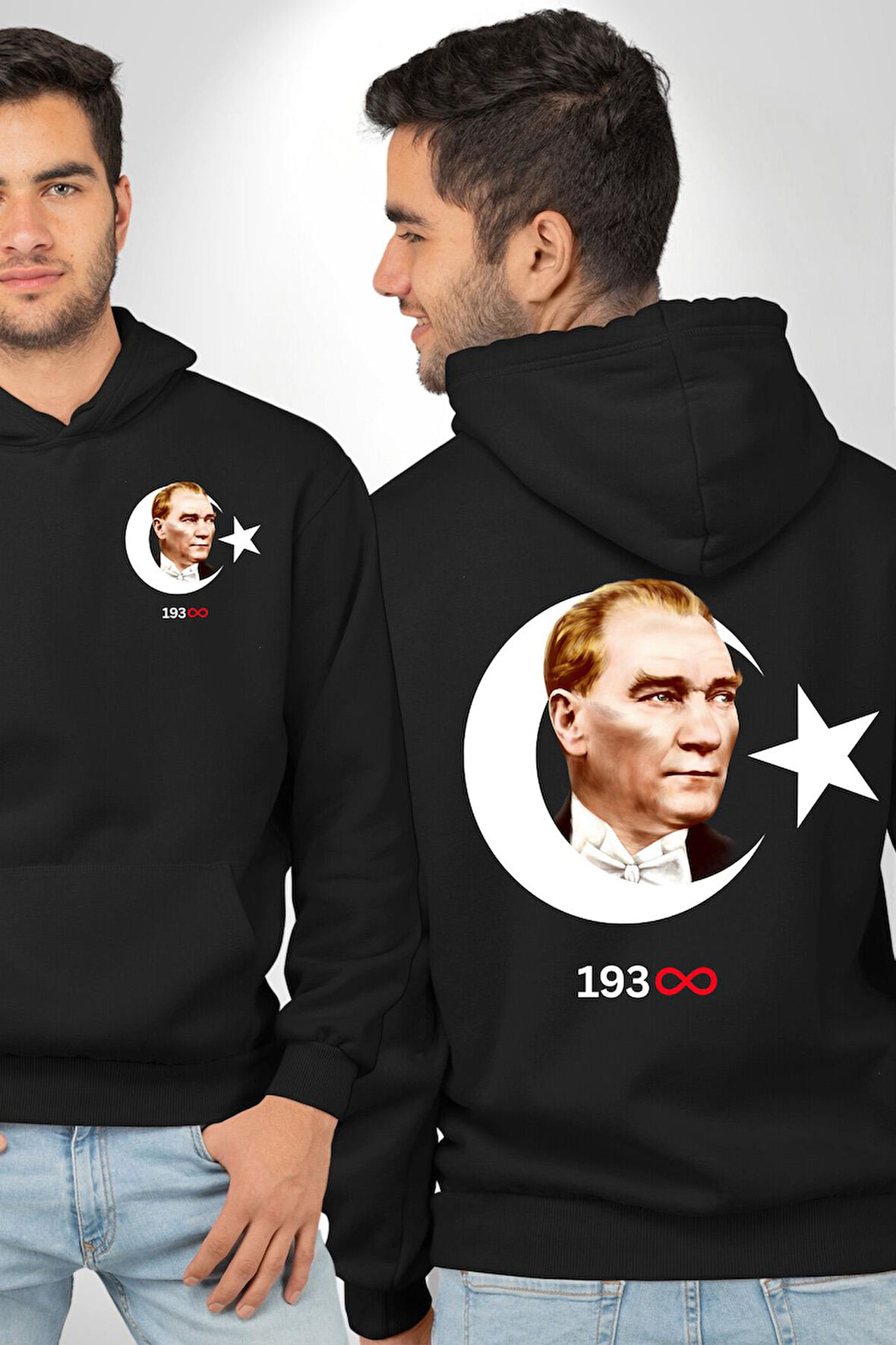 Ay Yıldız Atatürk 10 Kasım Sonsuza Kadar Erkek Kadın Siyah Ön Sırt Baskılı Kapüşonlu Sweatshirt Hoodie