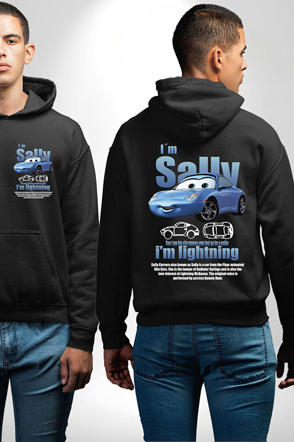 Arabalar Çizgi Film Sally The Car Sevgili Erkek Kadın Siyah Ön Sırt Baskılı Kapüşonlu Sweatshirt Hoodie