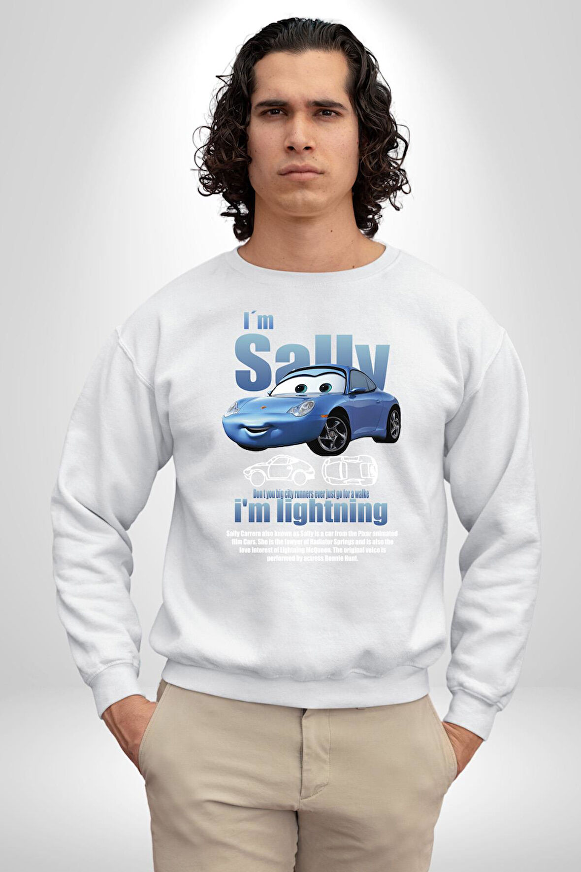 Arabalar Çizgi Film Sally The Car Sevgili Erkek Kadın Unisex Dijital Baskılı Beyaz Sweatshirt