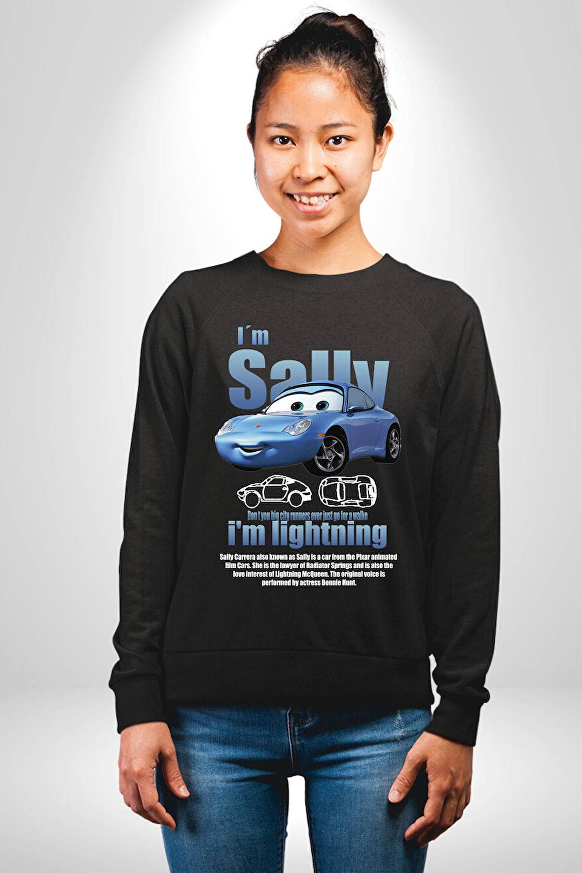 Arabalar Çizgi Film Sally The Car Sevgili Erkek Kadın Unisex Dijital Baskılı Siyah Sweatshirt