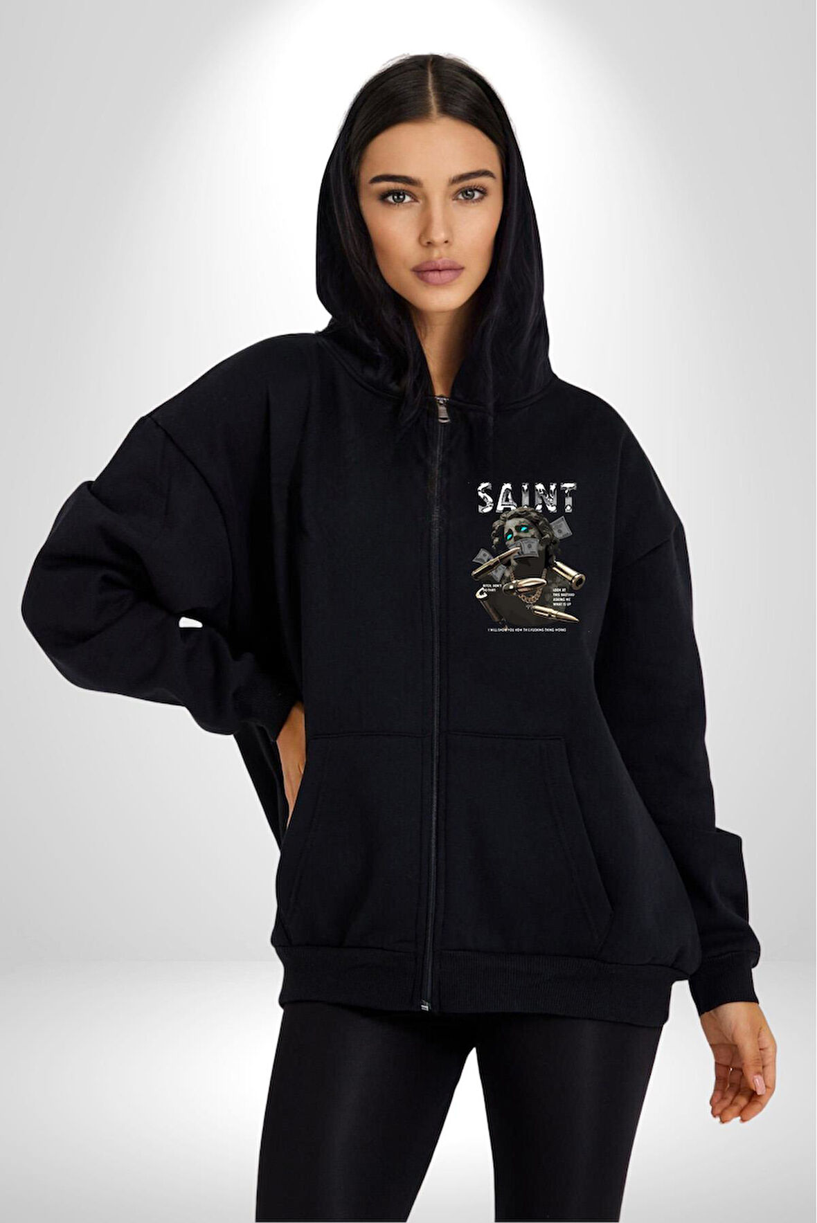 Aziz Sokak Sitili Özel Sözler Erkek Kadın Siyah Fermuarlı Baskılı Hırka Sweatshirt
