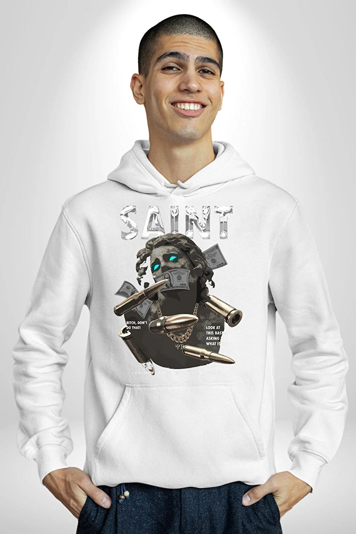 Aziz Sokak Sitili Özel Sözler Erkek Kadın Beyaz Dijital Baskılı Kapüşonlu Sweatshirt Hoodie