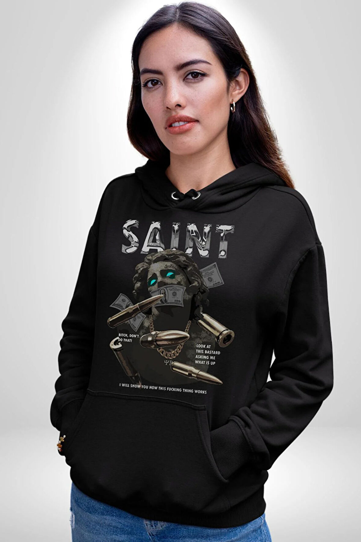 Aziz Sokak Sitili Özel Sözler Erkek Kadın Siyah Dijital Baskılı Kapüşonlu Sweatshirt Hoodie