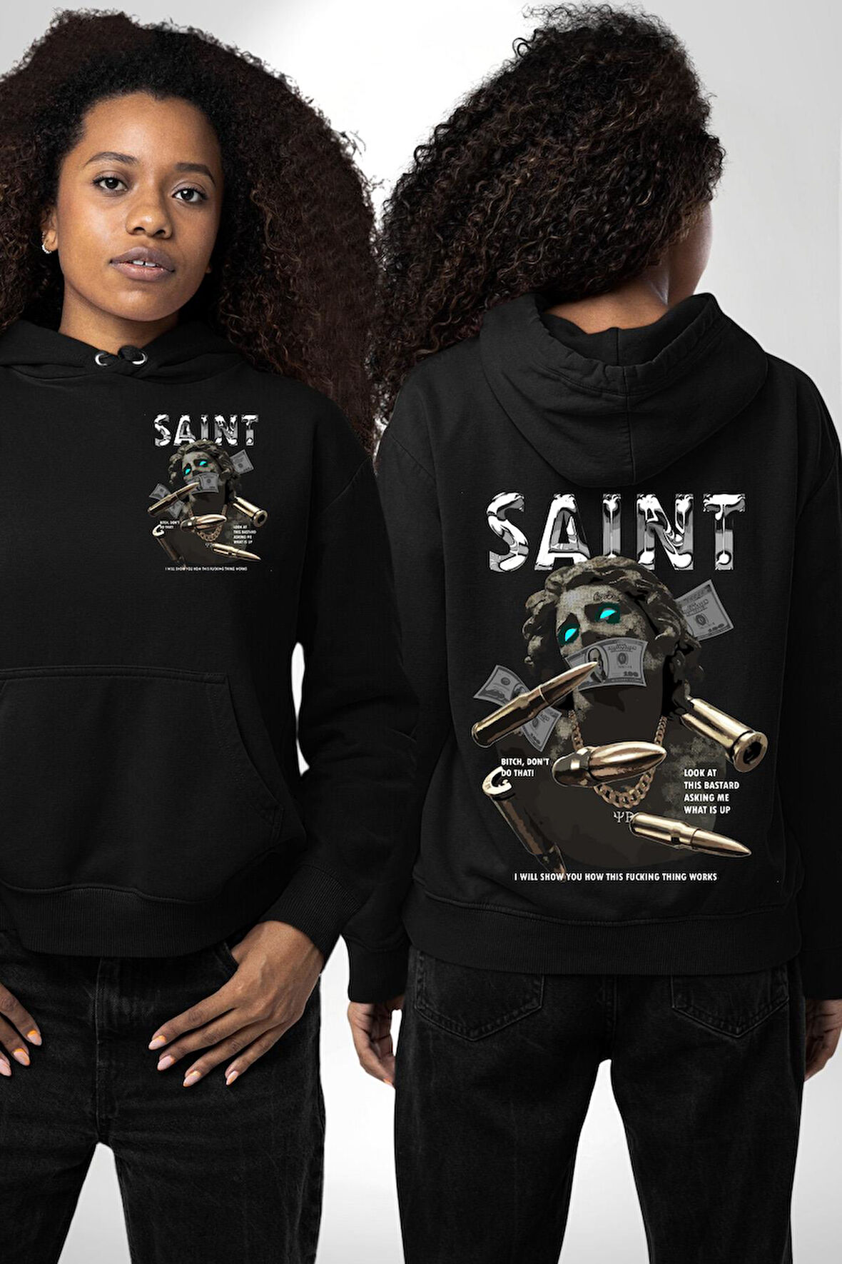 Aziz Sokak Sitili Özel Sözler Erkek Kadın Siyah Ön Sırt Baskılı Kapüşonlu Sweatshirt Hoodie