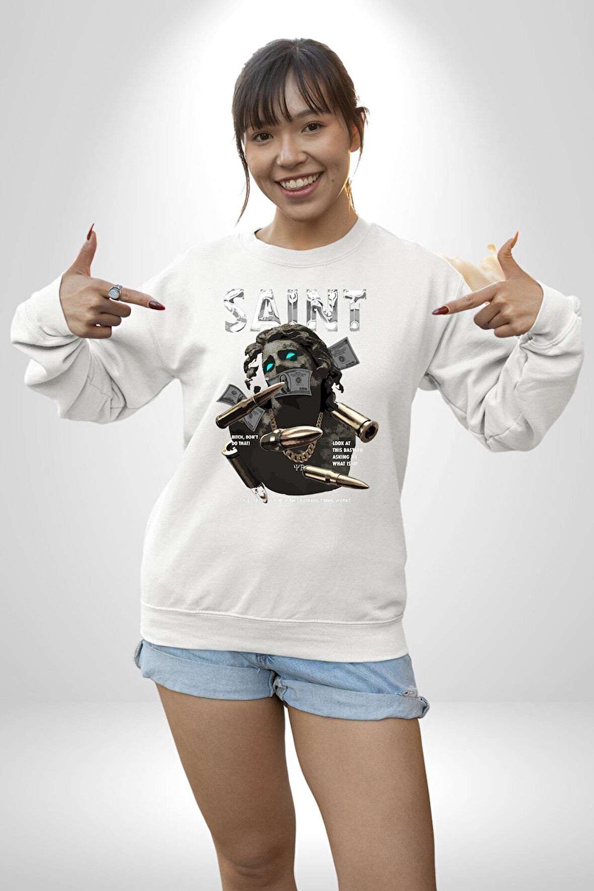 Aziz Sokak Sitili Özel Sözler Erkek Kadın Unisex Dijital Baskılı Beyaz Sweatshirt