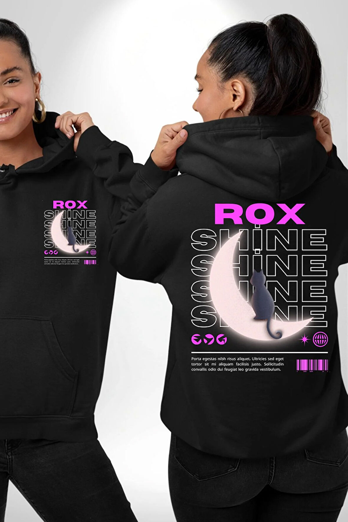 Siyah Kedi Ay Rox Sokak Style Erkek Kadın Siyah Ön Sırt Baskılı Kapüşonlu Sweatshirt Hoodie