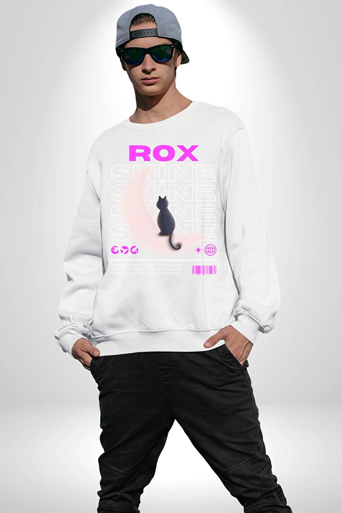 Siyah Kedi Ay Rox Sokak Style Erkek Kadın Unisex Dijital Baskılı Beyaz Sweatshirt