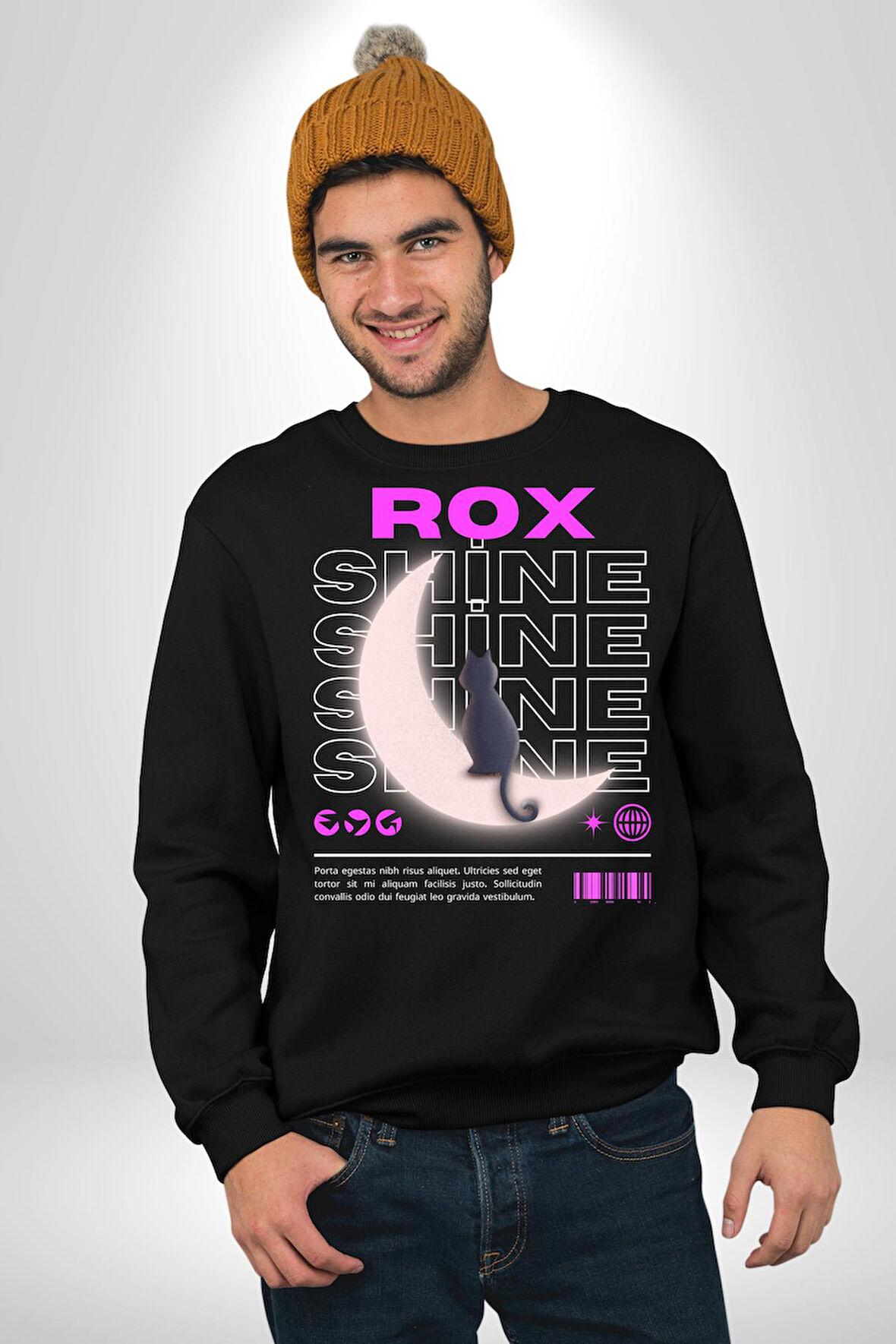 Siyah Kedi Ay Rox Sokak Style Erkek Kadın Unisex Dijital Baskılı Siyah Sweatshirt