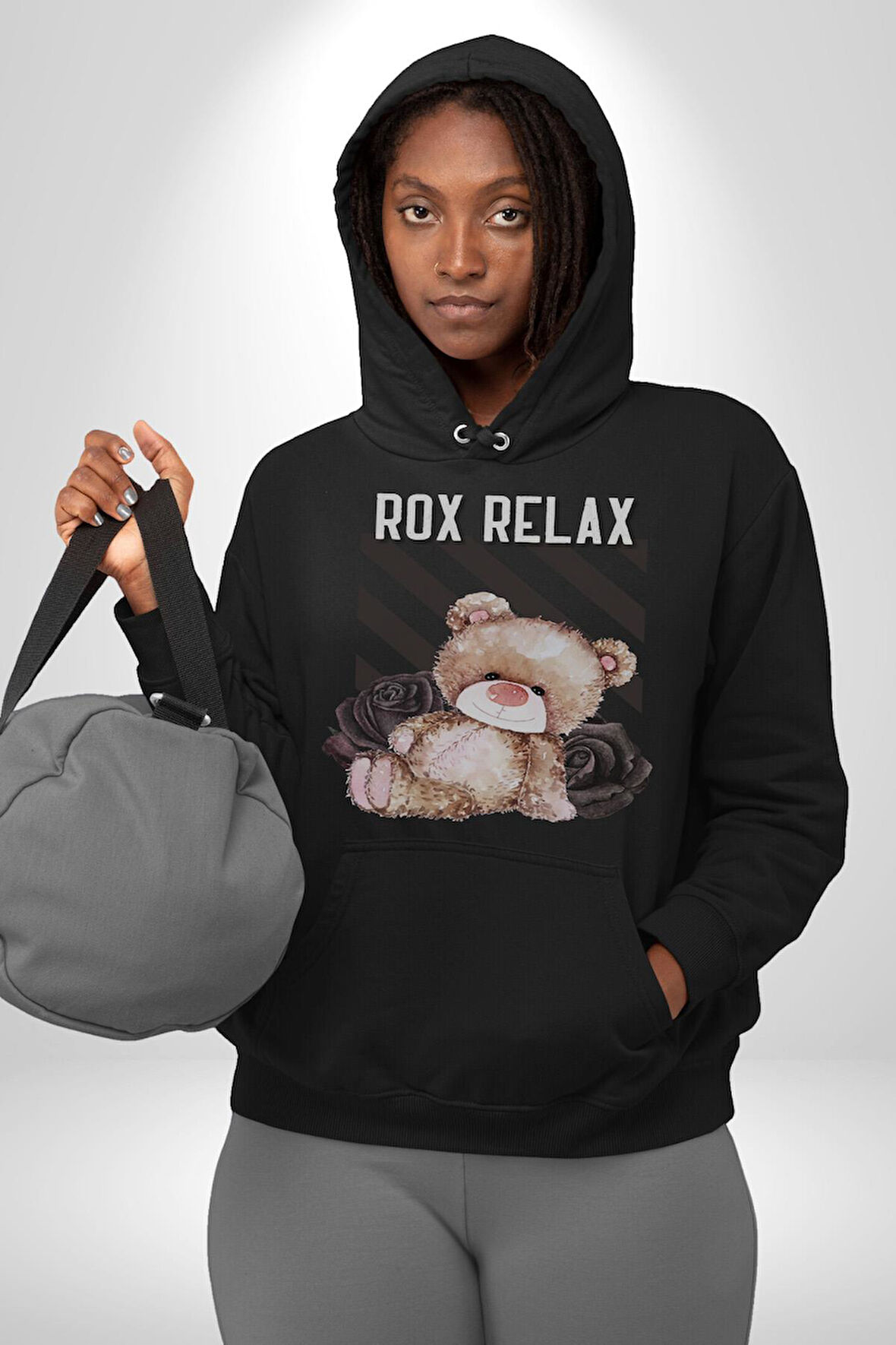 Relax Teddy Ayı Gül Erkek Kadın Siyah Dijital Baskılı Kapüşonlu Sweatshirt Hoodie