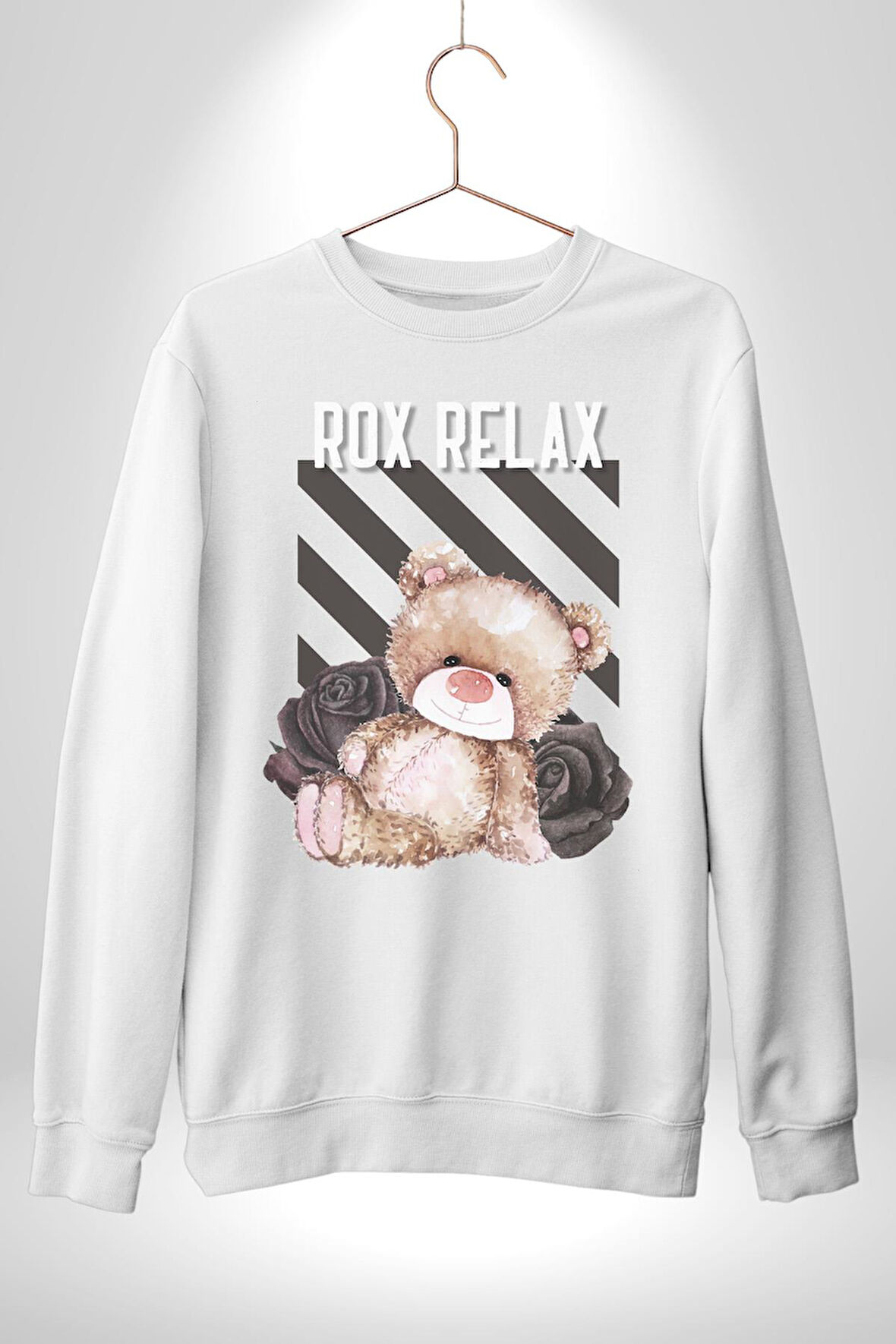 Relax Teddy Ayı Gül Erkek Kadın Unisex Dijital Baskılı Beyaz Sweatshirt