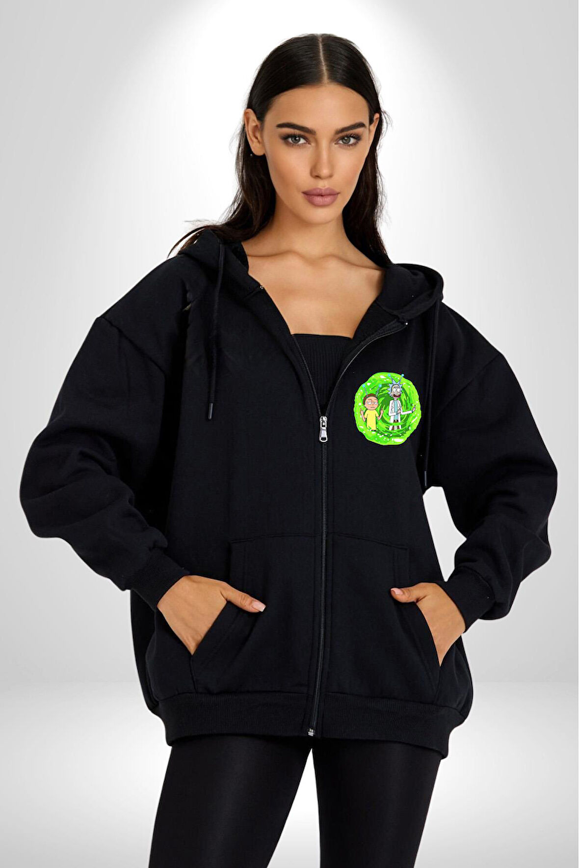 Rick And Morty Portal Çizgi Film Erkek Kadın Siyah Fermuarlı Baskılı Hırka Sweatshirt