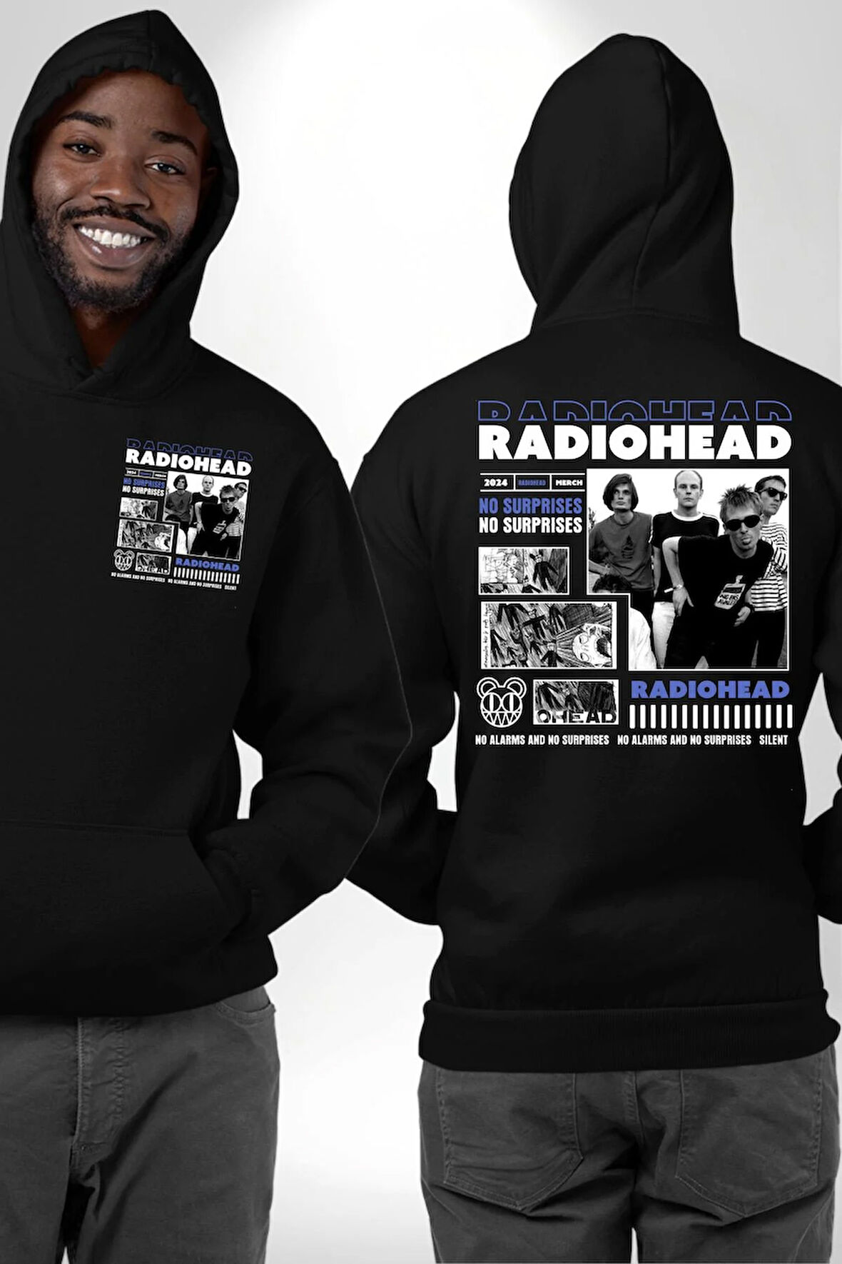 Radio Başlık Sürpriz Yok Sokak Style Erkek Kadın Siyah Ön Sırt Baskılı Kapüşonlu Sweatshirt Hoodie