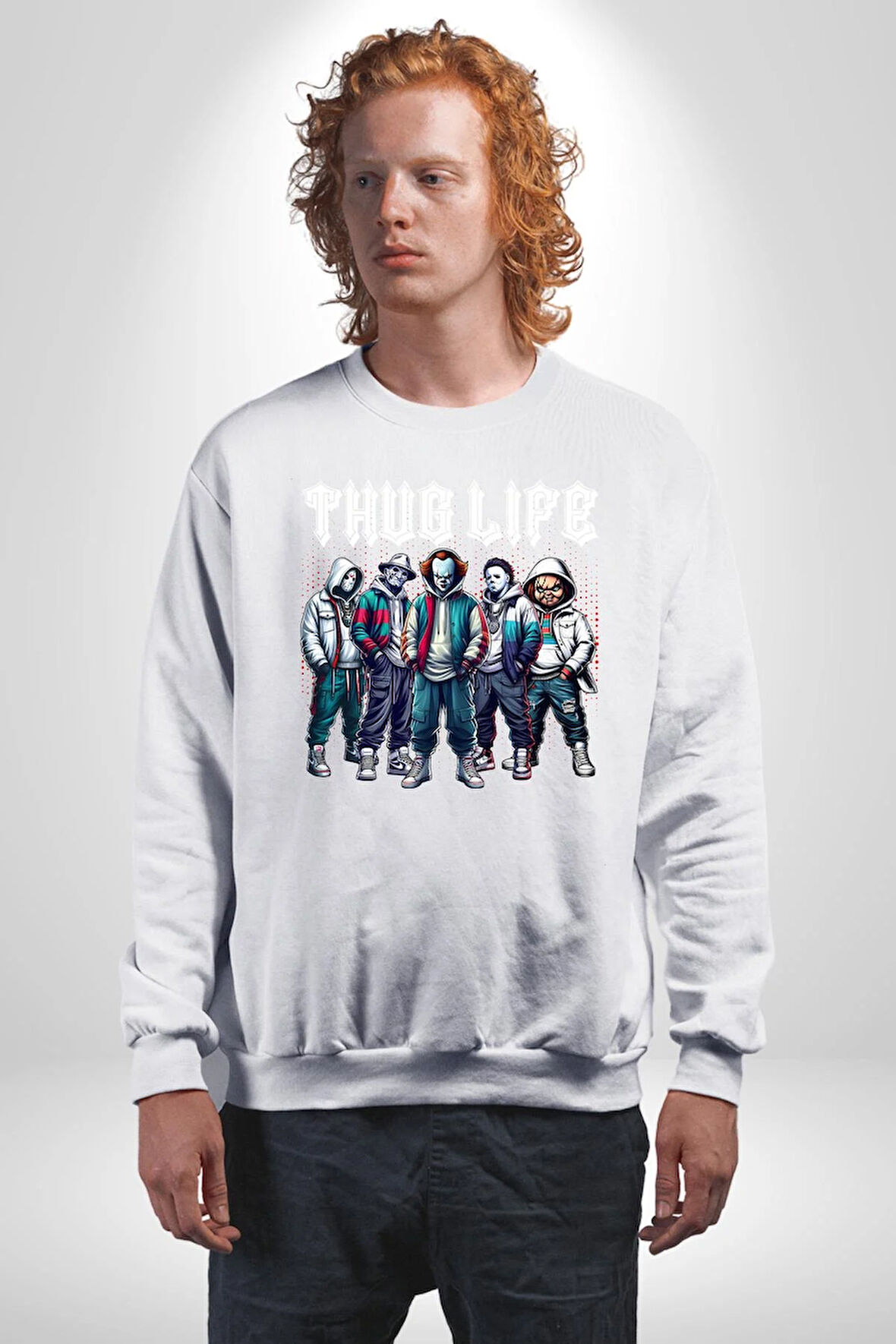 Korku Sineması Korku Kahramanları Haydut Hayatı Erkek Kadın Unisex Dijital Baskılı Beyaz Sweatshirt