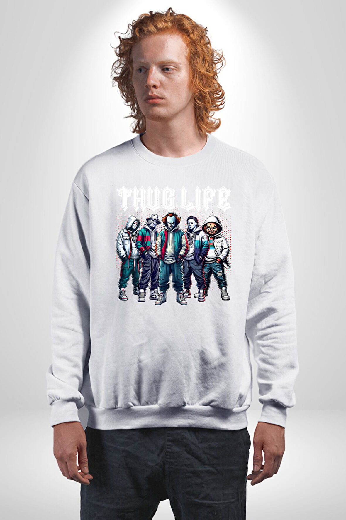 Korku Sineması Korku Kahramanları Haydut Hayatı Erkek Kadın Unisex Dijital Baskılı Beyaz Sweatshirt