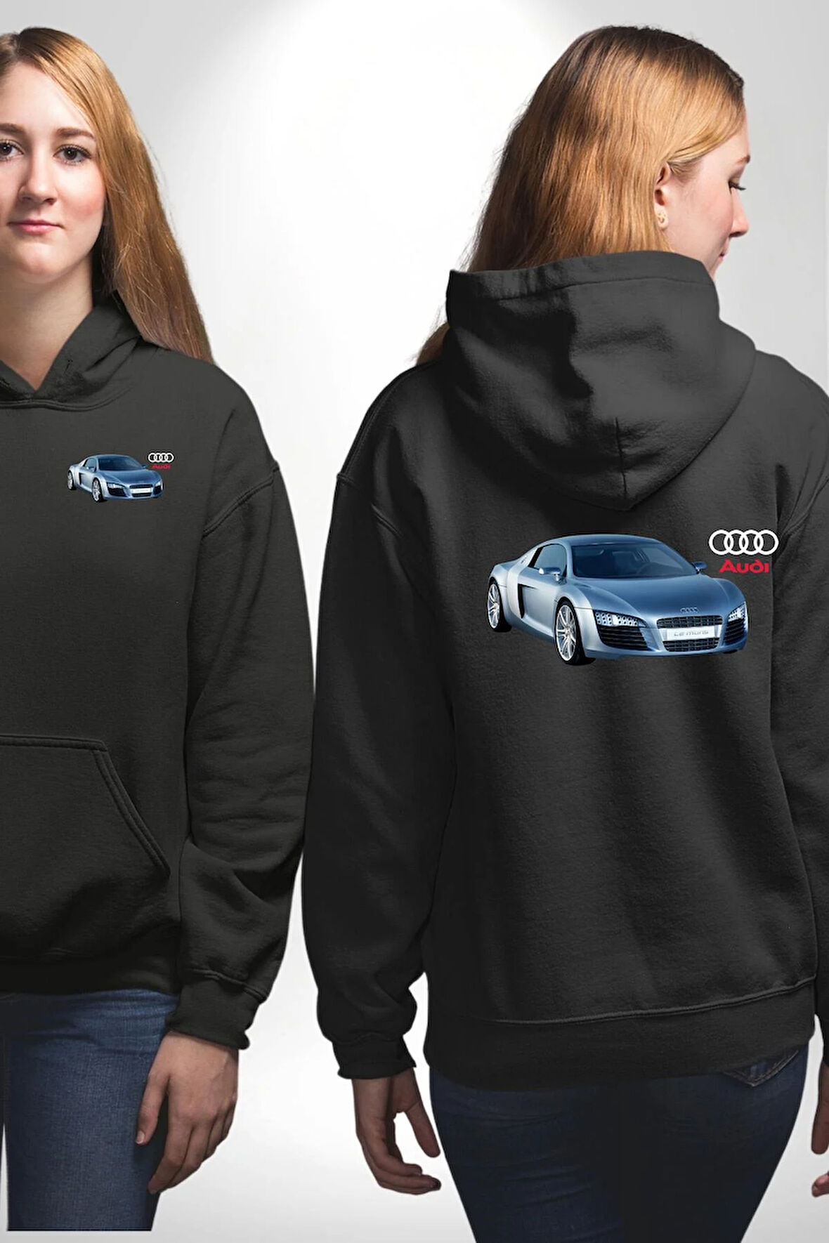 Audi R8 Le Mans Konsept Araba Erkek Kadın Siyah Ön Sırt Baskılı Kapüşonlu Sweatshirt Hoodie