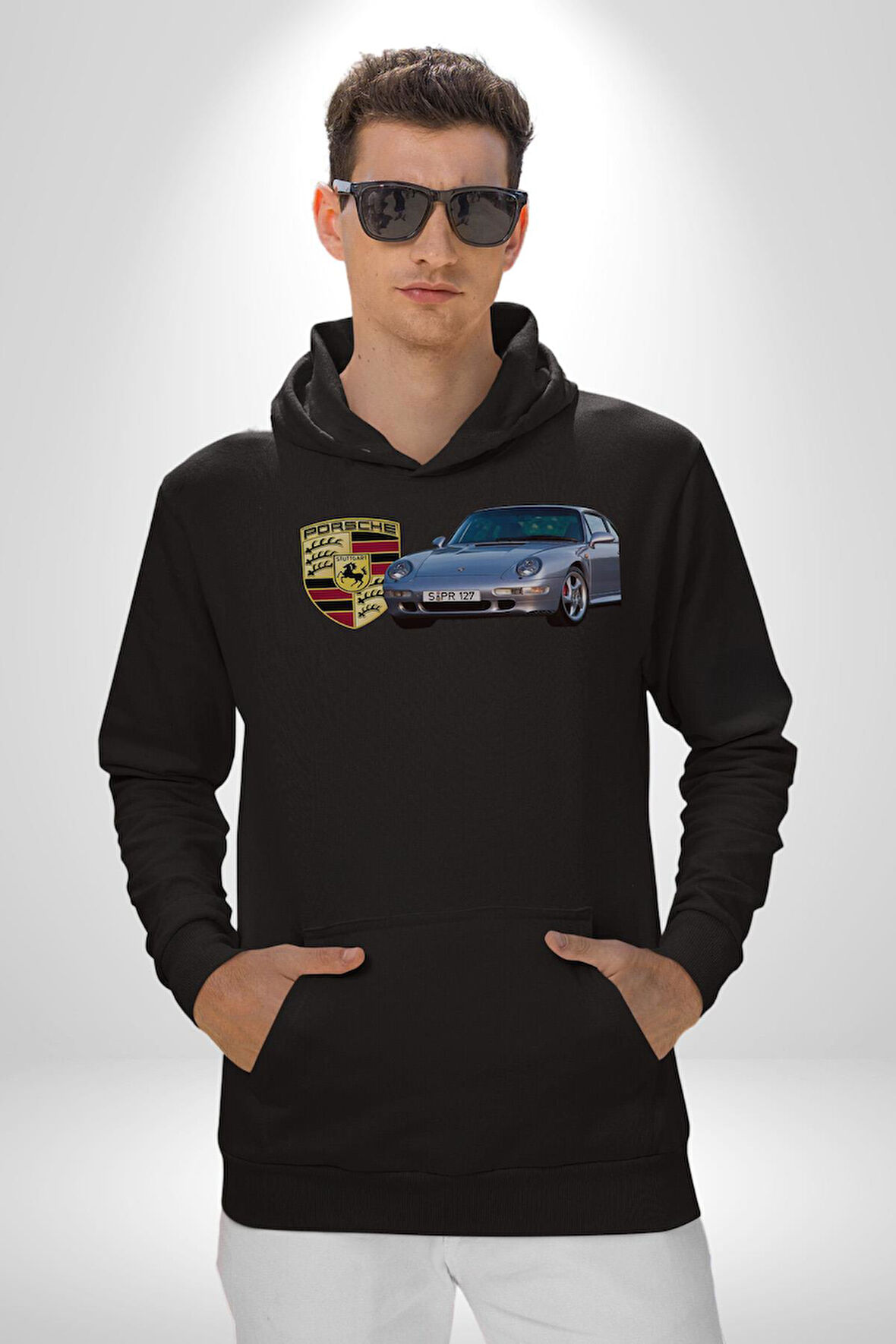 1995 Porshe 911 Carrera Turbo Araba Erkek Kadın Siyah Dijital Baskılı Kapüşonlu Sweatshirt Hoodie