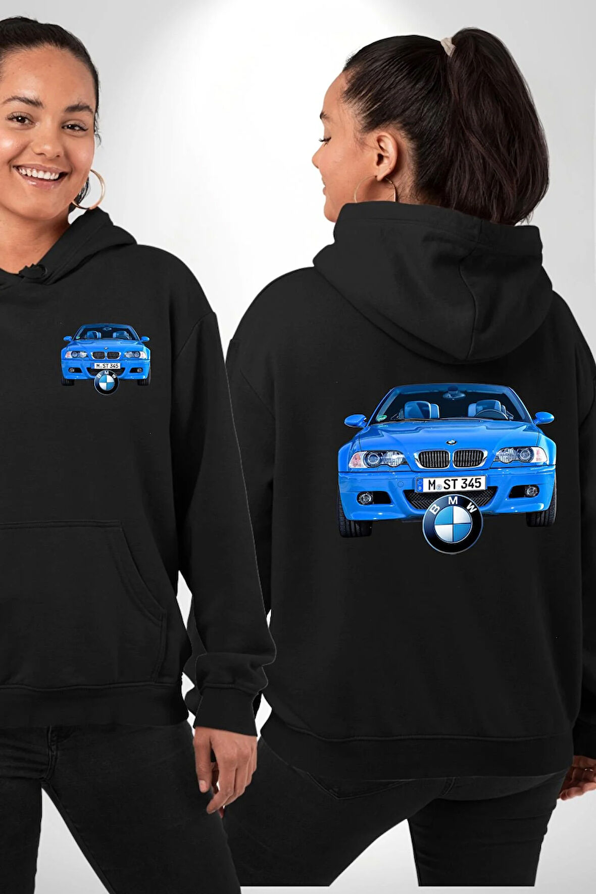 BMW Mavi M3 Cabrio Erkek Kadın Siyah Ön Sırt Baskılı Kapüşonlu Sweatshirt Hoodie