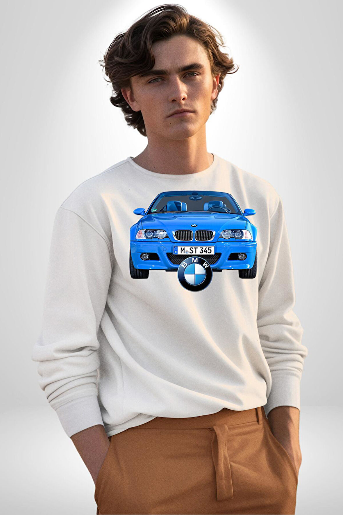 BMW Mavi M3 Cabrio Erkek Kadın Unisex Dijital Baskılı Beyaz Sweatshirt