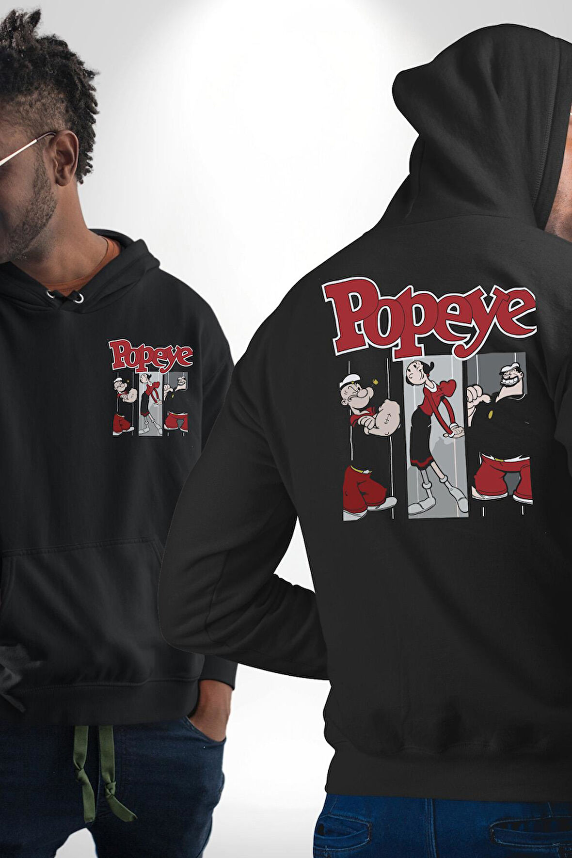 Popeye Karikatür Karakterleri Retro Tasarım Erkek Kadın Siyah Ön Sırt Baskılı Kapüşonlu Sweatshirt Hoodie