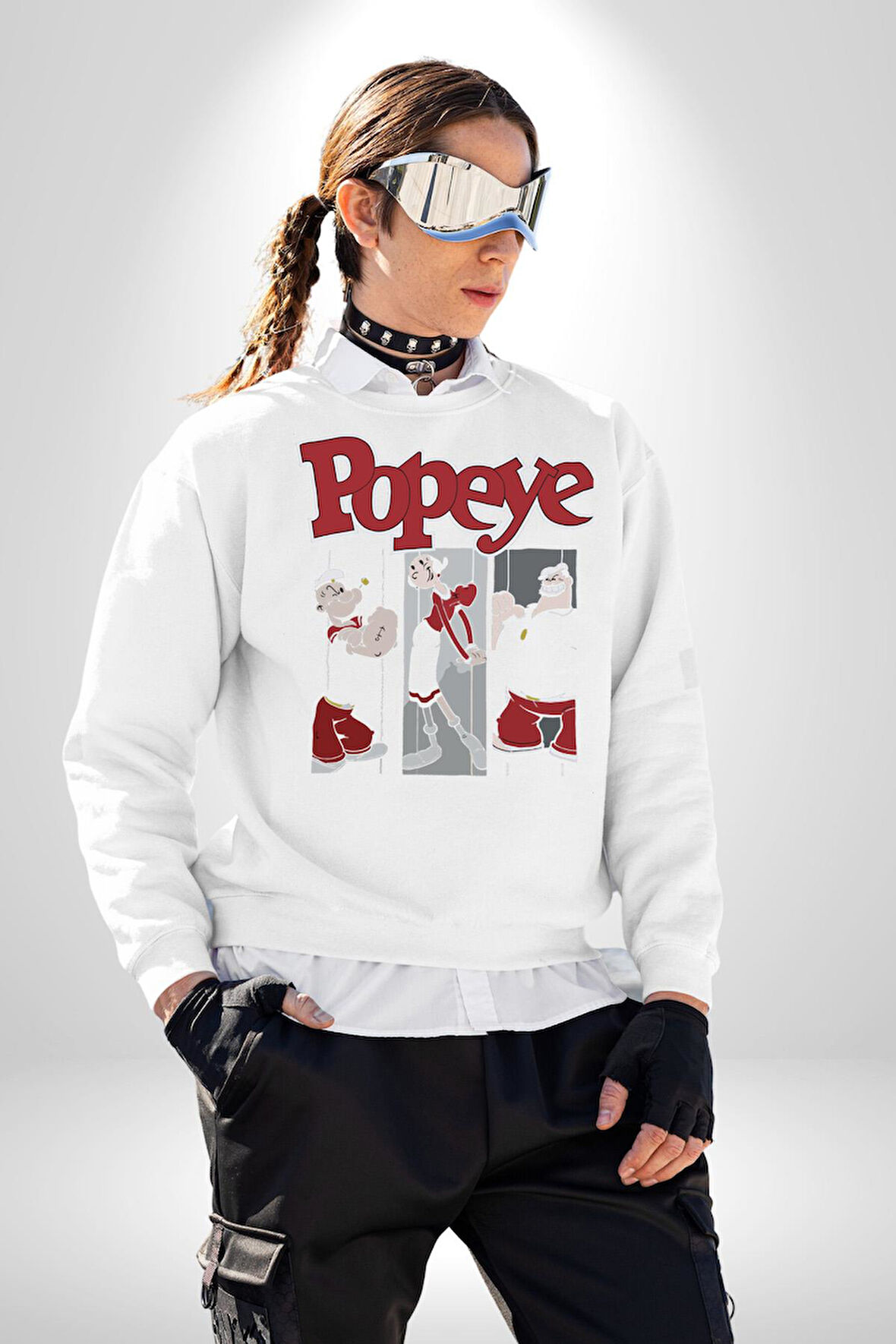 Popeye Karikatür Karakterleri Retro Tasarım Erkek Kadın Unisex Dijital Baskılı Beyaz Sweatshirt