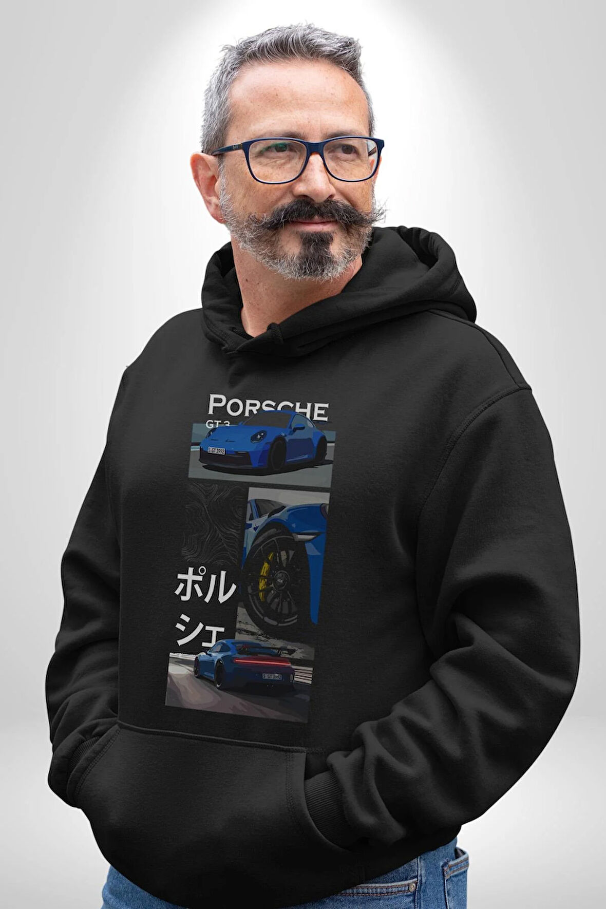 Porsche GT3 Japon Stil Performans Tasarımı Erkek Kadın Siyah Dijital Baskılı Kapüşonlu Sweatshirt Hoodie