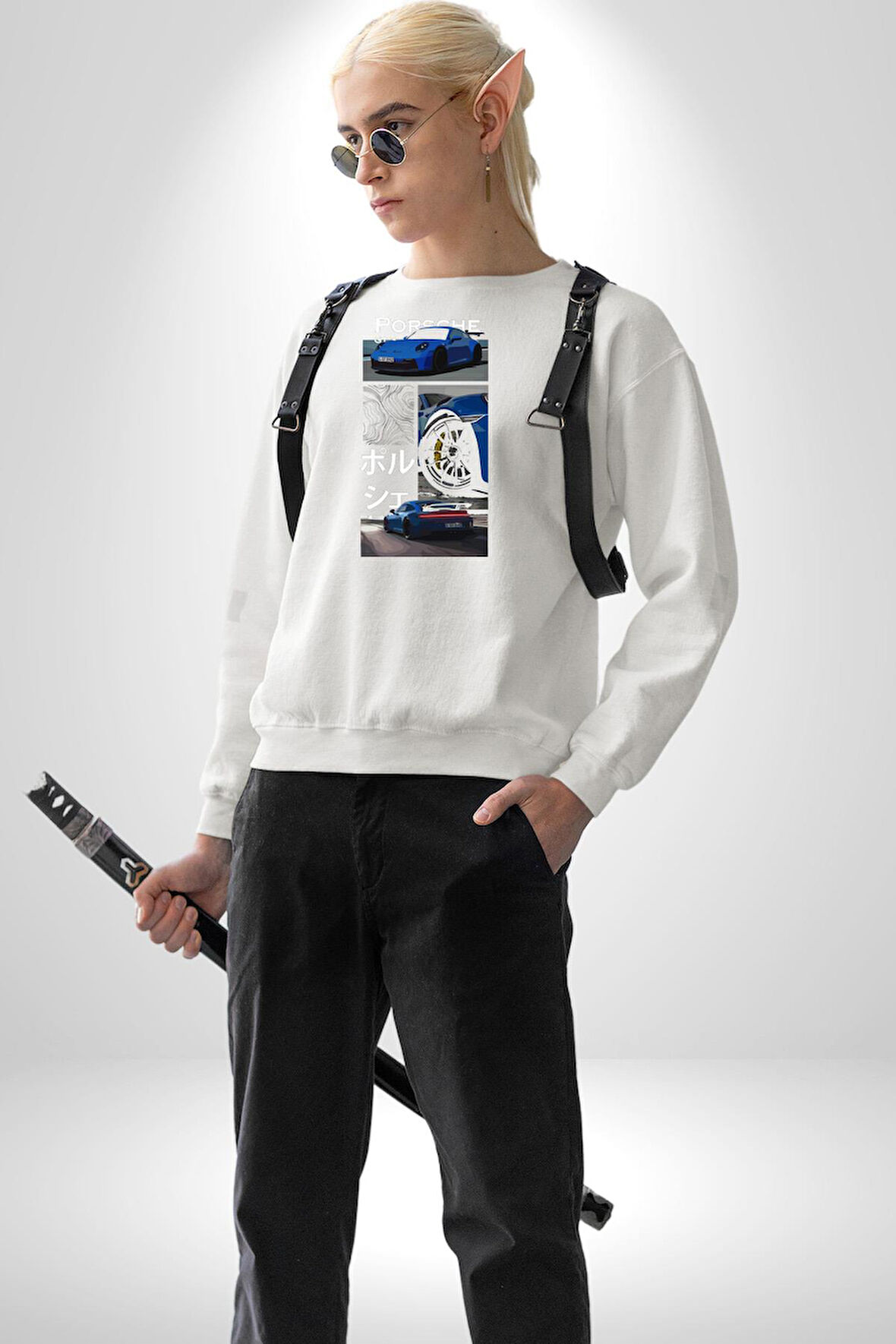 Porsche GT3 Japon Stil Performans Tasarımı Erkek Kadın Unisex Dijital Baskılı Beyaz Sweatshirt